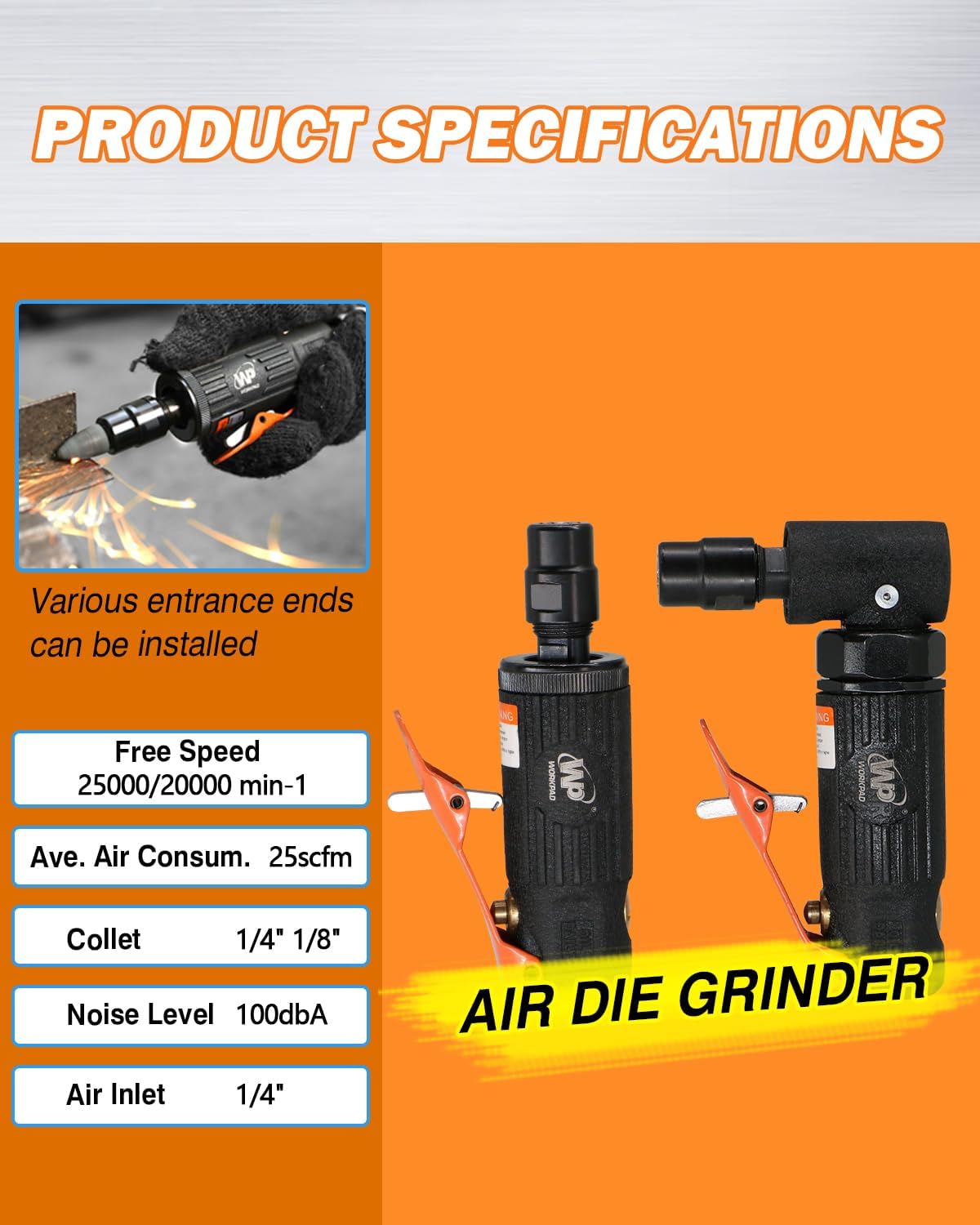 WorkPad 2PCS Druckluft Stabschleifer，Gerade/Abgewinkelt Pneumatisches Werkzeugschleiferset mit 1/4 und 1/8 Zoll Spannzangen für Automechaniker, Dekorateure und Heimwerker.