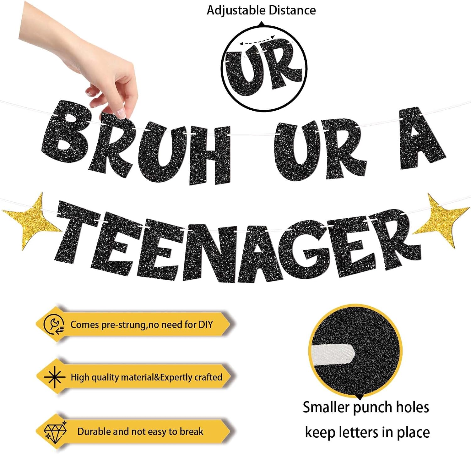 Glitter Bruh UR A Teenager Banner-Happy 13th Birthday Decorations for Boys Girls,13th Birthday Banner Decor for 13 Year Old Boy Birthday Decorations Party Supplies,(Black Gold)