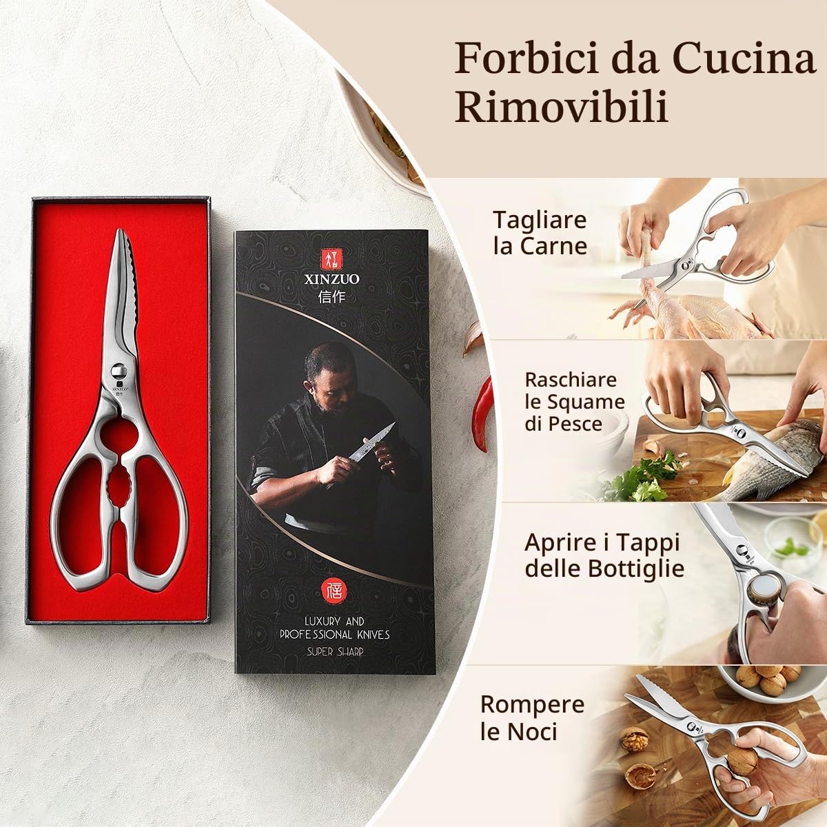XINZUO 67 Strati in Acciaio Damasco Set Coltelli da 7 Pezzi, Portacoltelli Set di Coltello da Cuoco -Manico in Legno d'Ulivo-con Blocco Coltelli e Forbici da Cucina Multifunzione-con Scatola Regalo