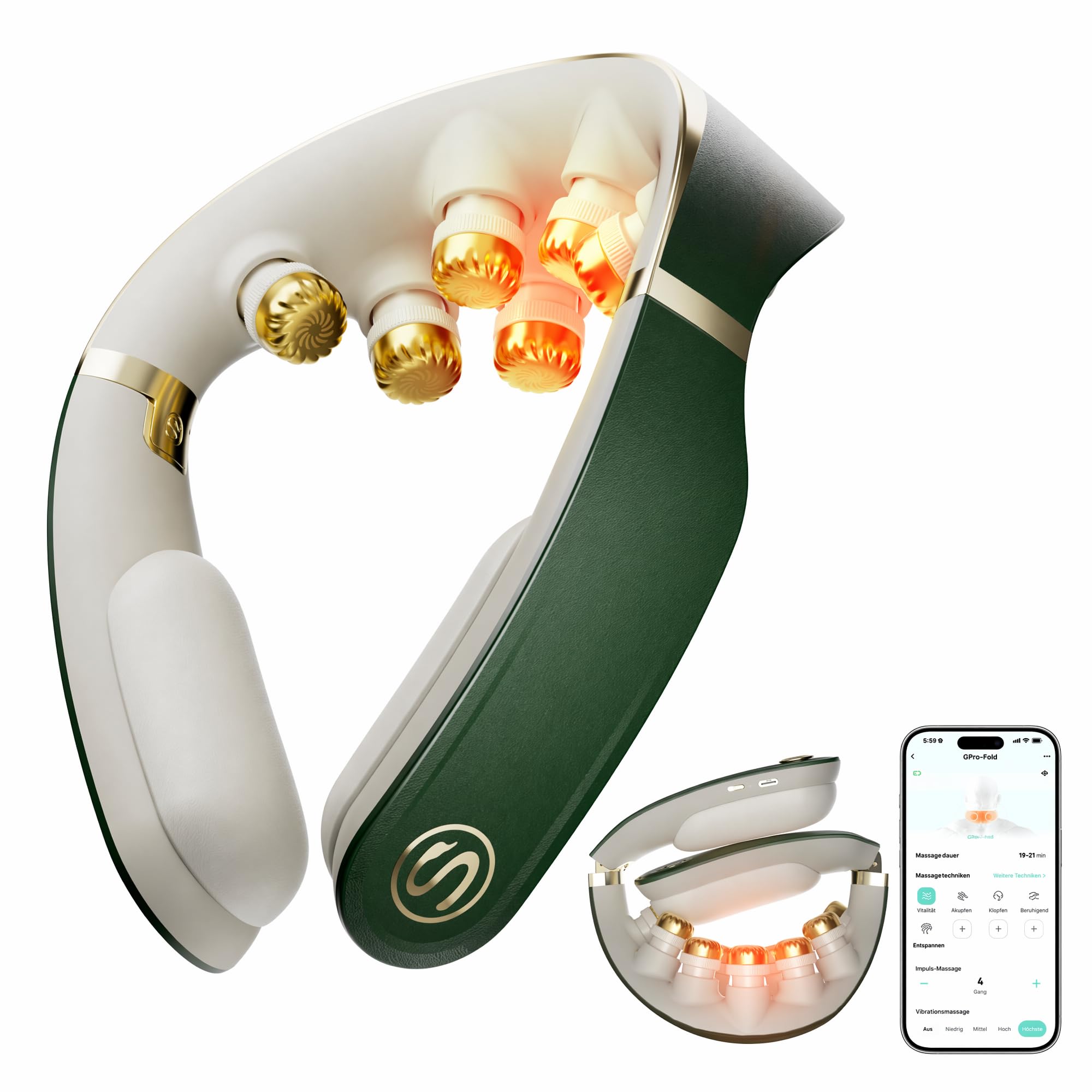 SKG Faltbares Nackenmassagegerät 9D Kabellos Schmerzlinderung, G7 Pro Grün | Tiefengewebe & Vibration, Reise-Massagegerät für Büro, Zuhause & Auto für Unterwegs, Geschenk für Männer Frauen Papa und Mama