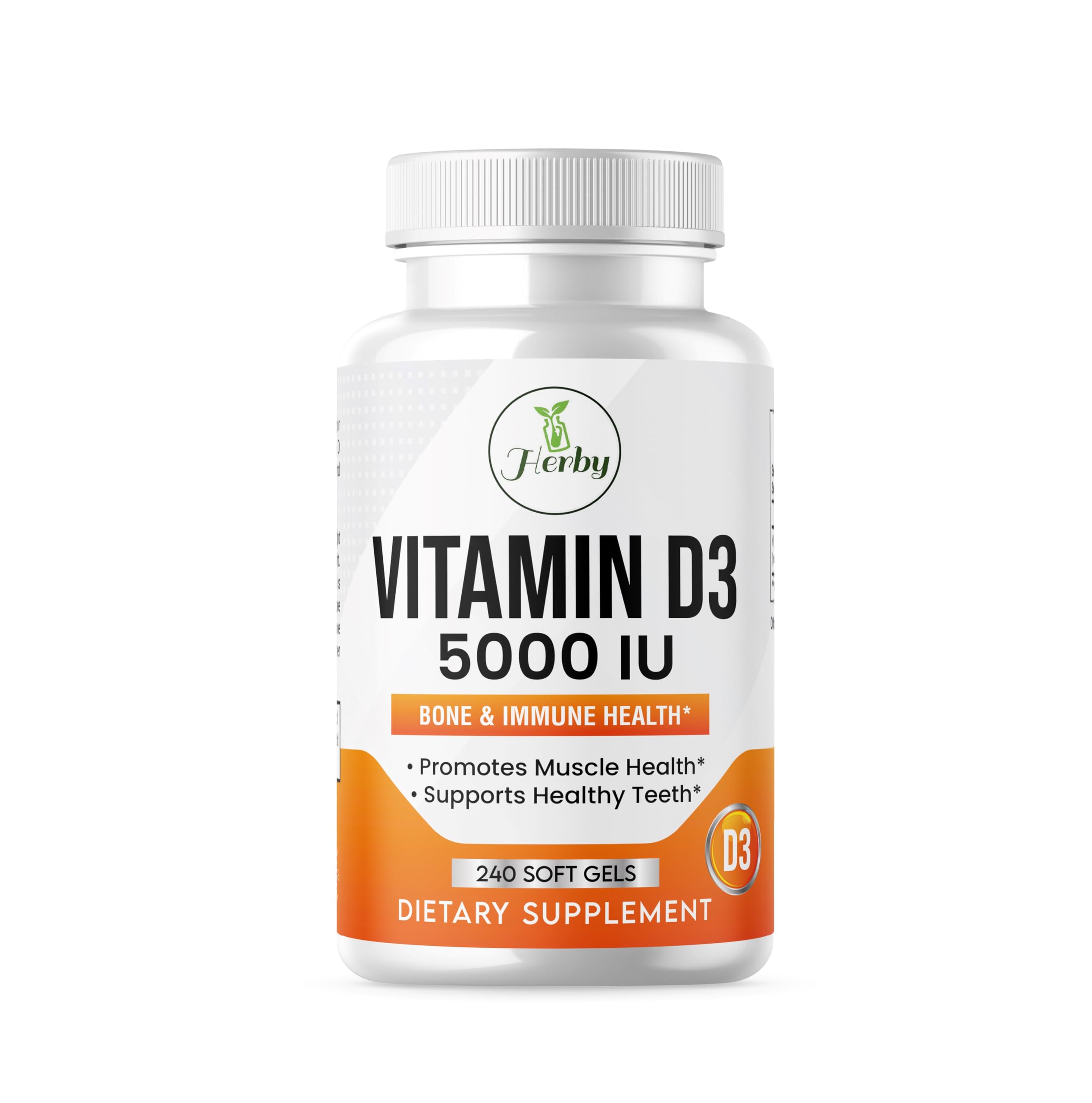 Herby VITMAIN D3 5000 IU, Bone Health and Immunity Support Supplement, Mood Booster - Halal, 240 Count SOFT GEL (Pack of 1), Clear