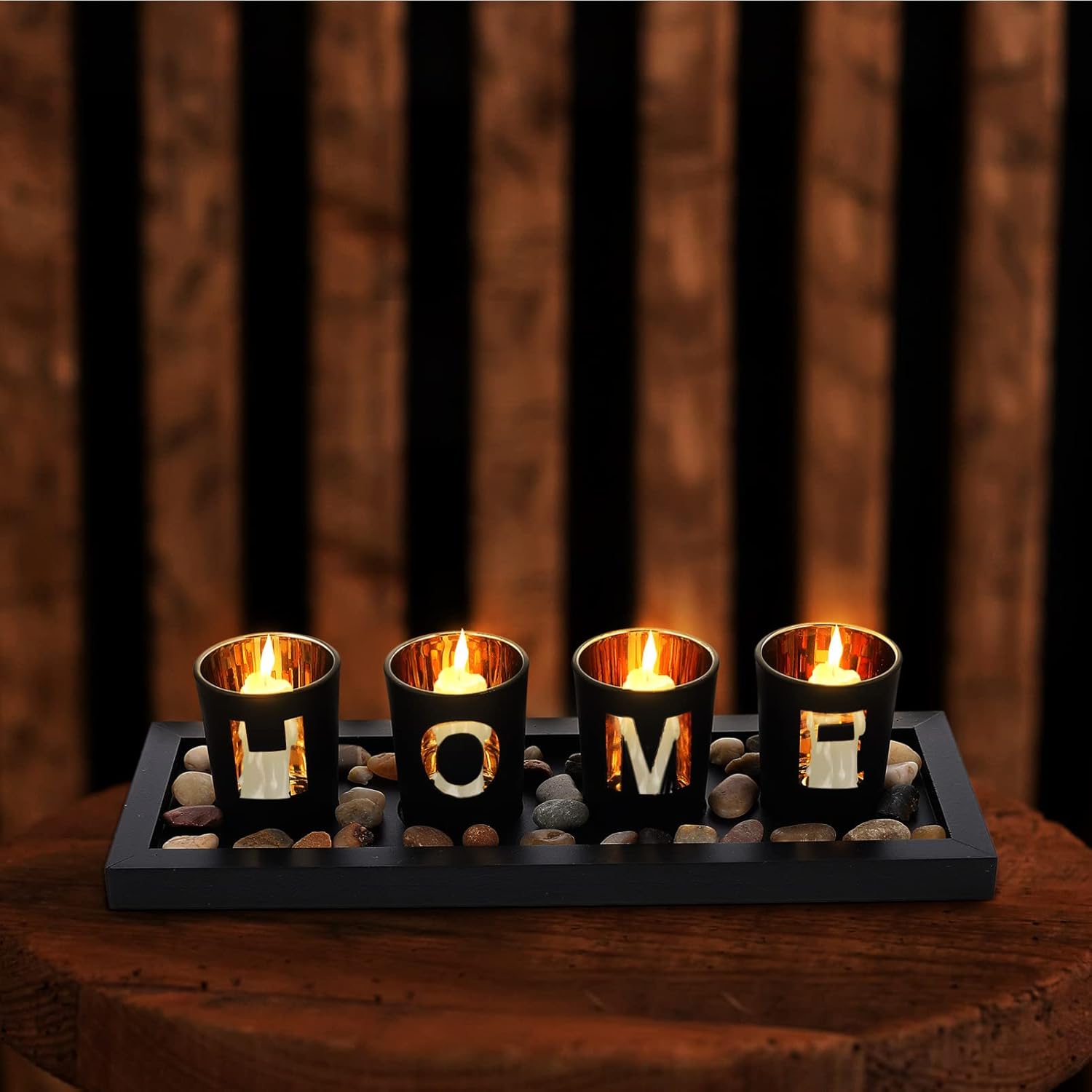 Zerodeko 1 Set Decorative Candle Holders Set Candlescape Set with Rocks and Tray Glass Votive Candle Holders Table Centerpieces for Dining Room Bathroom Coffee Table Decor Black