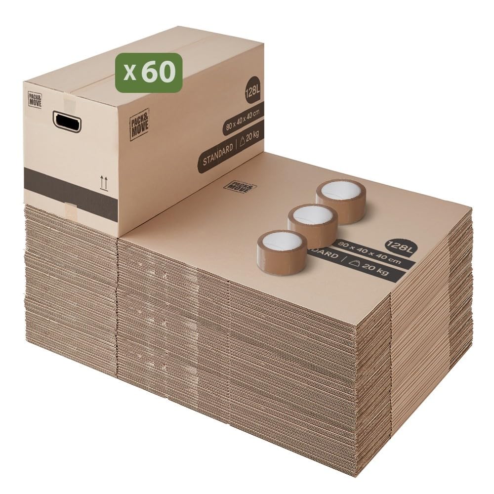 Lot de 60 cartons de déménagement 128L - 80x40x40 cm - Made in France - 70% FSC certifé - Pack & Move