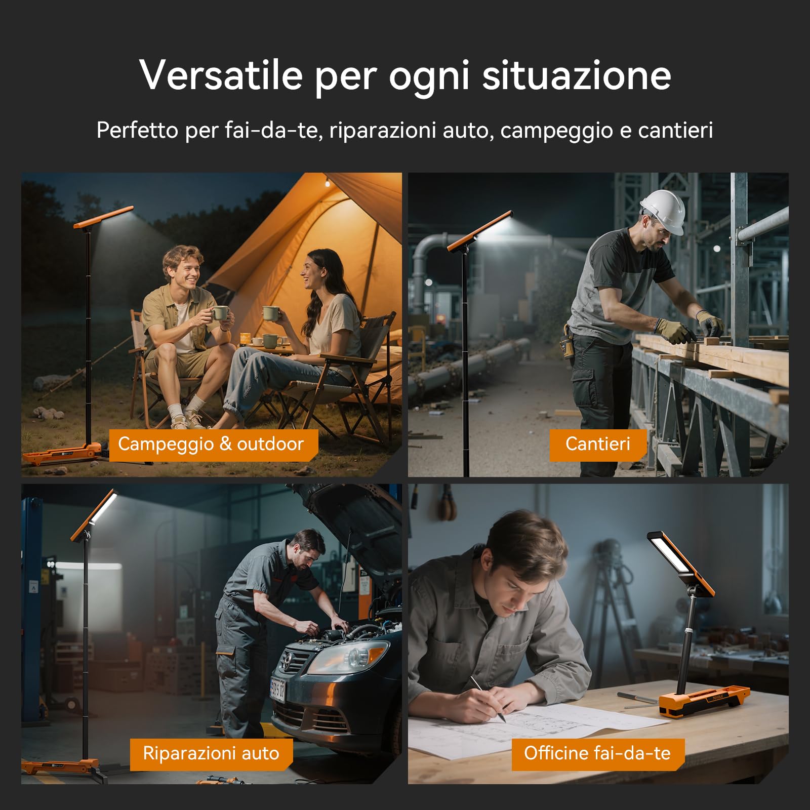 Faretto a Batteria LED Ricaricabile 1500LM Faro da Lavoro con Treppiede Pieghevole Regolabile, per Cantiere, Esterno, Campeggio, Fai-da-te, Impermeabile IP54, Ricarica Rapida Type-C