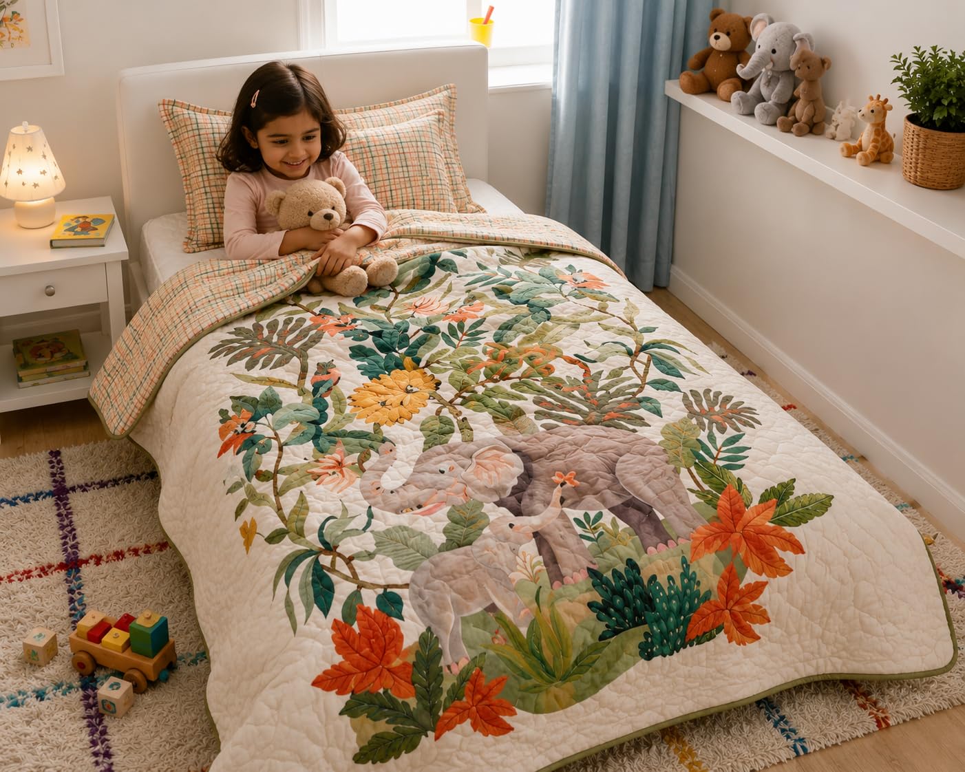 100% Cotton Quilt for Kids, Reversible Double-Sided Digital Printed Baby Quilt, Lightweight, AC Blanket & Winter Comforter for Boys and Girls, Single Bed, 60 x 90Inch (Elephant Forest Digital Printed)-image-47