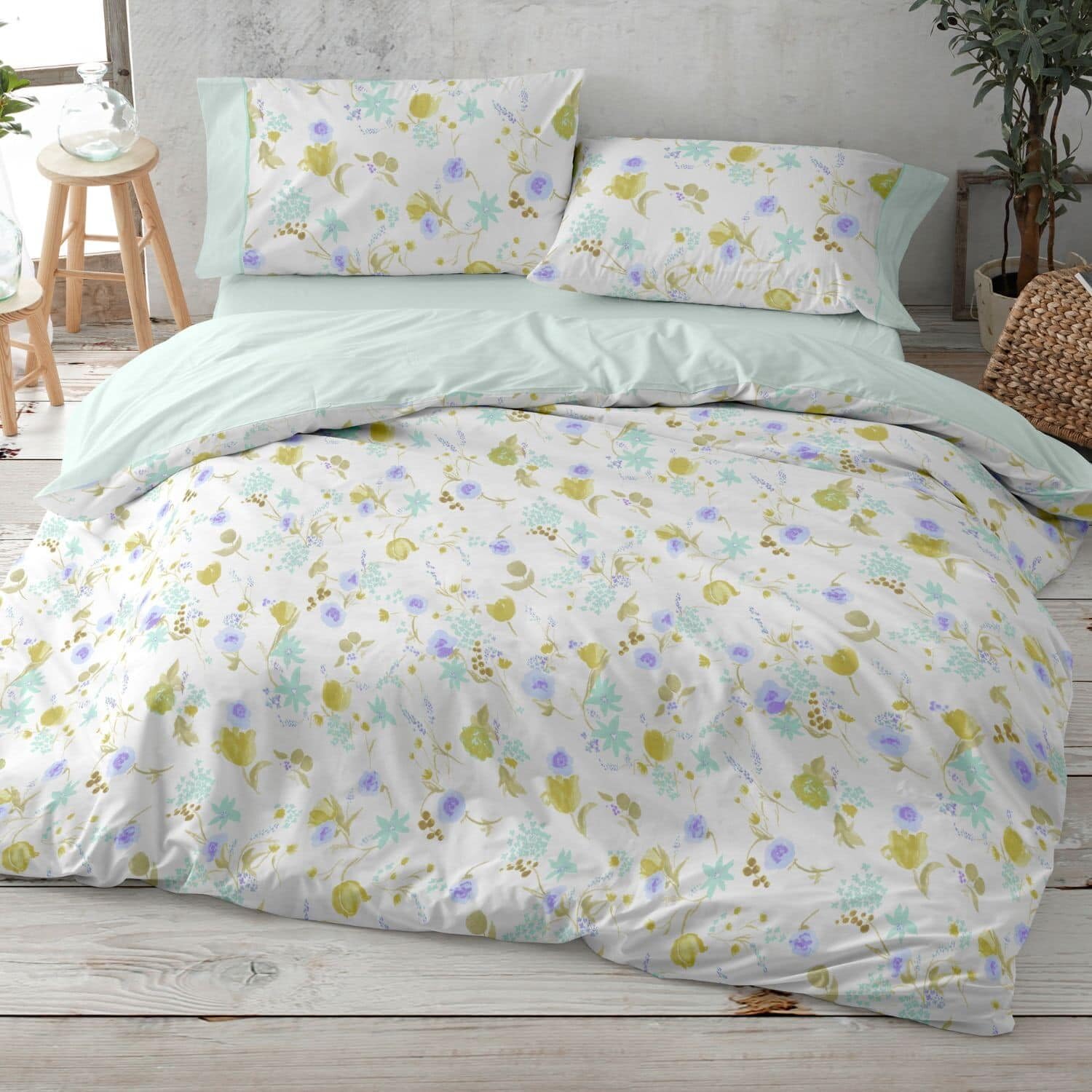 Burrito Blanco | Funda Nórdica Estampada Cama 150-160 Verde Agua | Incluye Bajera y 2 Fundas de Almohada | 50% Algodón 50% Poliéster | 144 Hilos | Tacto Suave | Larga Duración