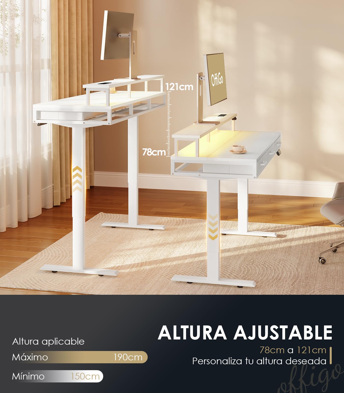 OffiGo Mesa Elevable Escritorio con Cajones, 120cm Escritorio Elevable con Soporte para Monitor, Mesa Gaming con Carga y Luces LED, Mesa Regulable Altura, Blanco