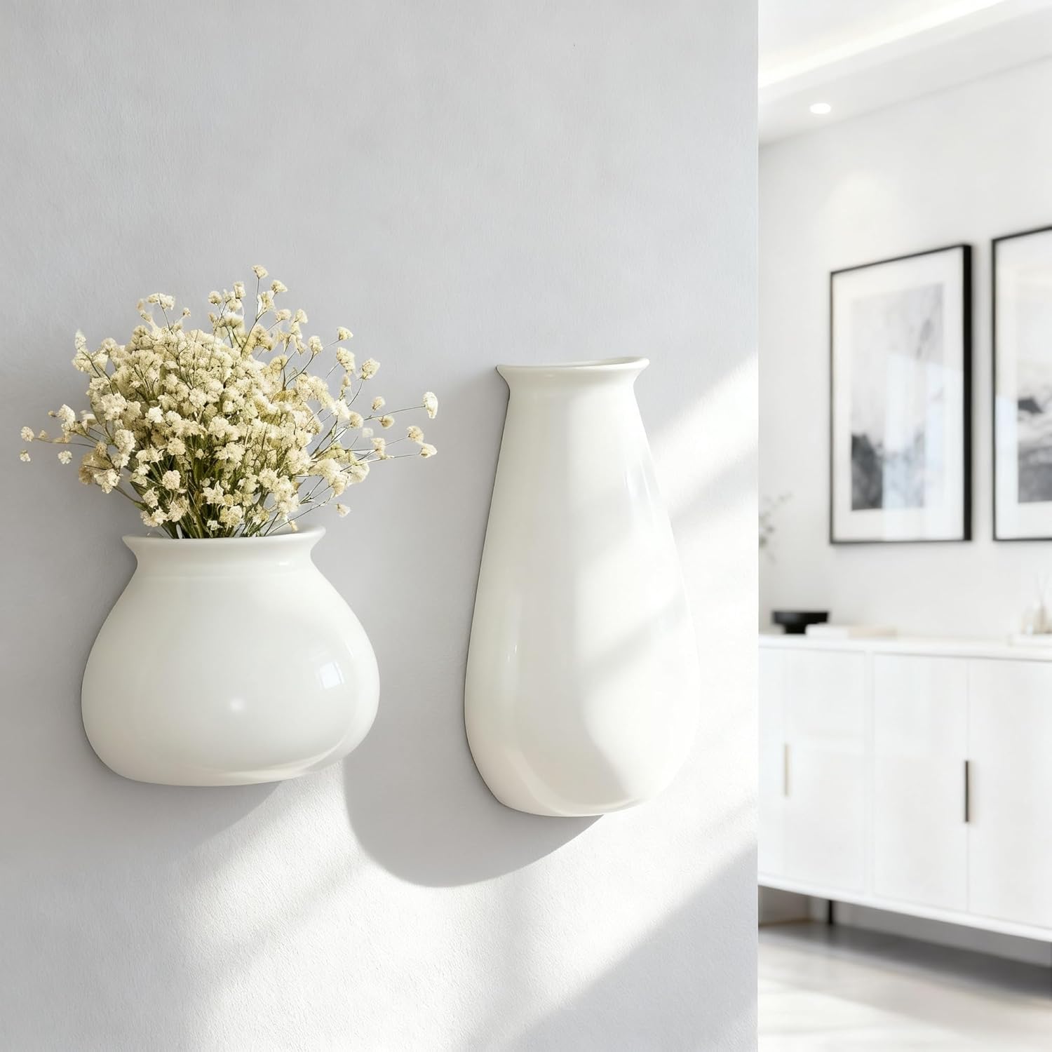 Wall Hanging Planters for Indoor Plants, Set of 2, Wall Mounted Vase for Home Decor, Modern White Wall Decor for Bathroom, Kitchen, Dining Room, Living Room