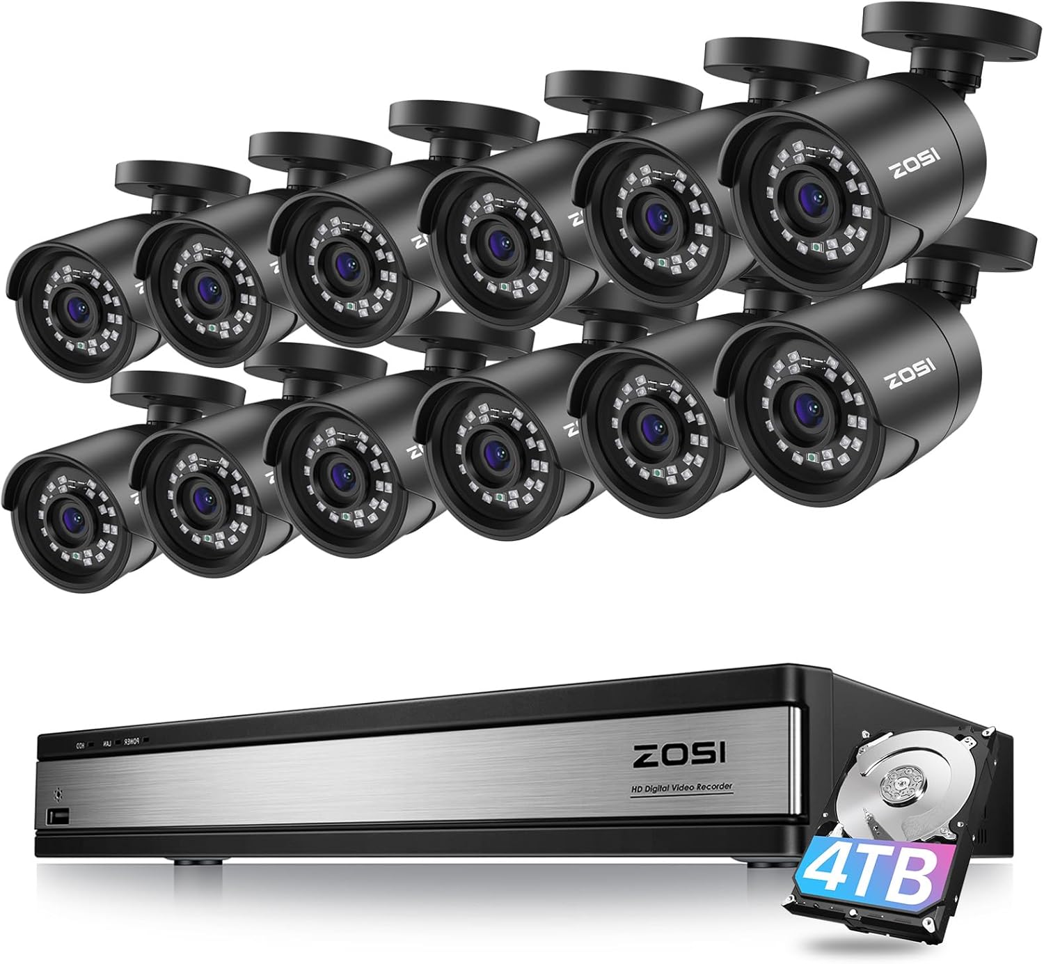 ZOSI 1080p 16 Channel Security Camera System with AI Human Vehicle Detection, H.265+ Hybrid DVR with 4TB HDD and 12 x 1080p Surveillance Cameras Outdoor Indoor with Night Vision, Remote Access