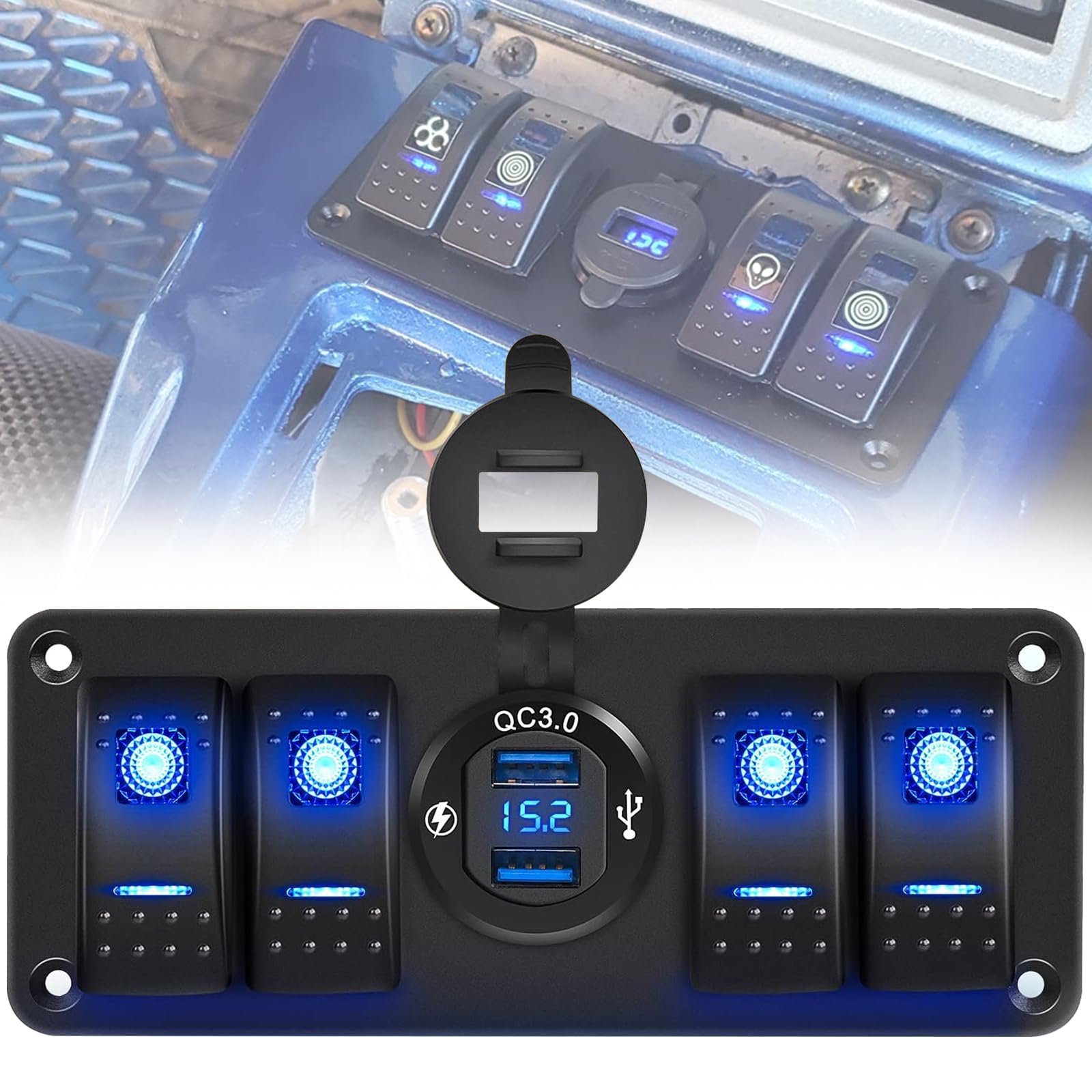 NORTHYUN 4 Gang Rocker Switch Panel 12V/24V with QC3.0 USB Charger Voltmeter Pre-Wired Switch Panel Waterproof Aluminum with 132 PCS Night Glow Stickers for Boat Yacht RV UTV
