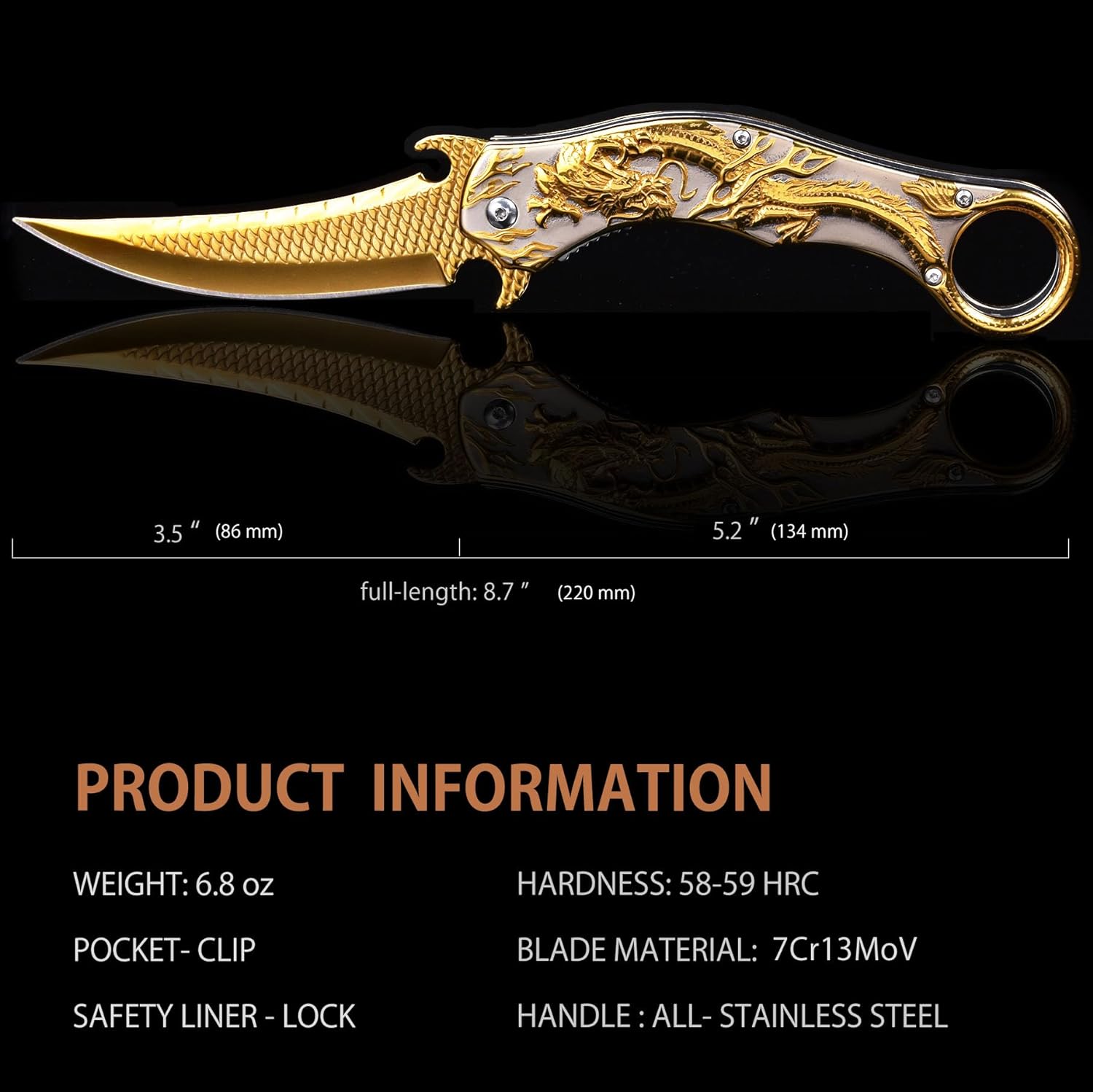 Pocket Knife for Men, Cool Folding Knife With 3D Golden Dragon Relief, Great Gift Edc Knife For Men Outdoor Survival Camping Hiking Hunting