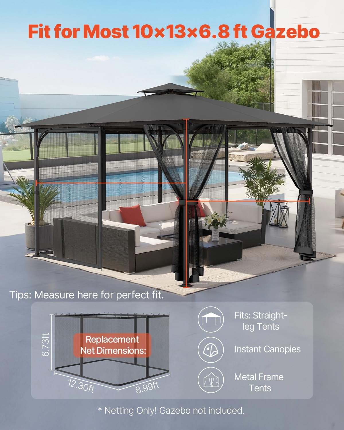VEVOR Rete di Ricambio per Gazebo, per Gazebo 304,8 x 396,2 x 207,3 cm Rete Anti-Moscerini per Patio, Tenda per Esterni a 4 Pannelli, con Doppia Cerniera, Schermo per Baldacchino, Solo Rete, Nero
