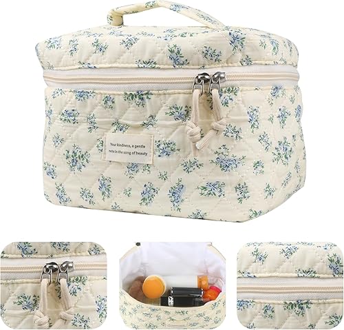 Miniatura 3 de VIWIME Bolsa de cosméticos de maquillaje, grande, de algodón, acolchada, de viaje, estética, linda, floral, bolsa de maquillaje para mujer,