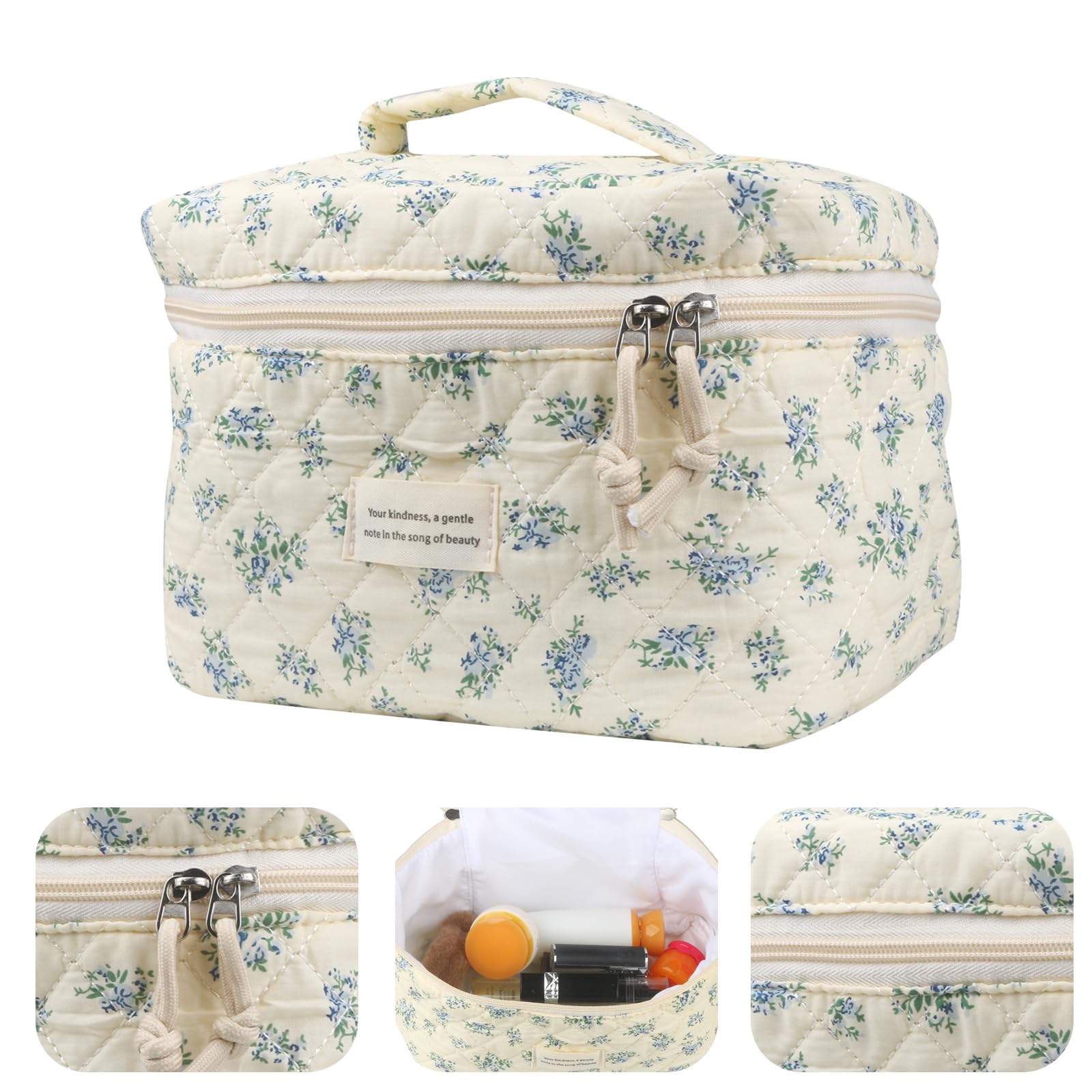 VIWIME Make-up-Kosmetiktasche, groß, Baumwolle, gesteppt, Reise-Kokette, ästhetisch, niedliches Blumenmuster, Make-up-Tasche für Damen, Kulturbeutel, 203 - Blaue Rose, 4 Stück, 10.1x5.8x5.4 inches