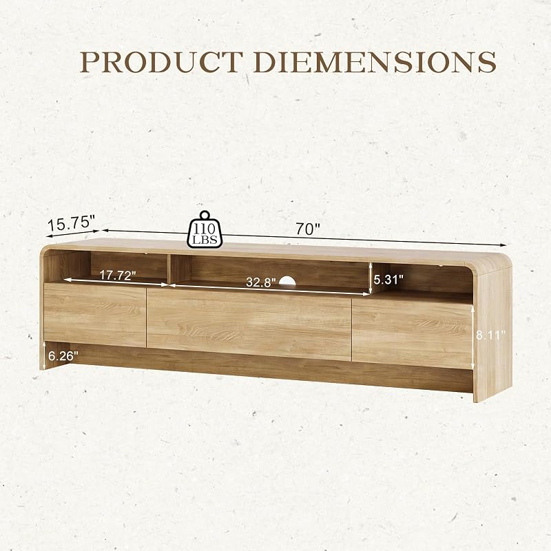70" Modern Rounded-Corner TV Stand for 70-80 Inch TVs(Natural Oak) image 2