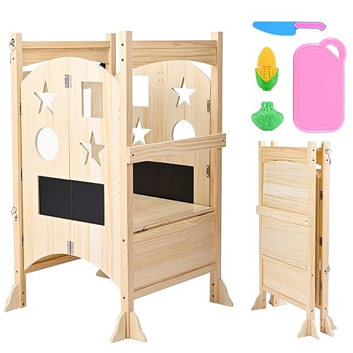 Taburete de cocina para niños pequeños, torre plegable para niños pequeños con diseño protector de cuatro lados, torre de aprendizaje Montessori con