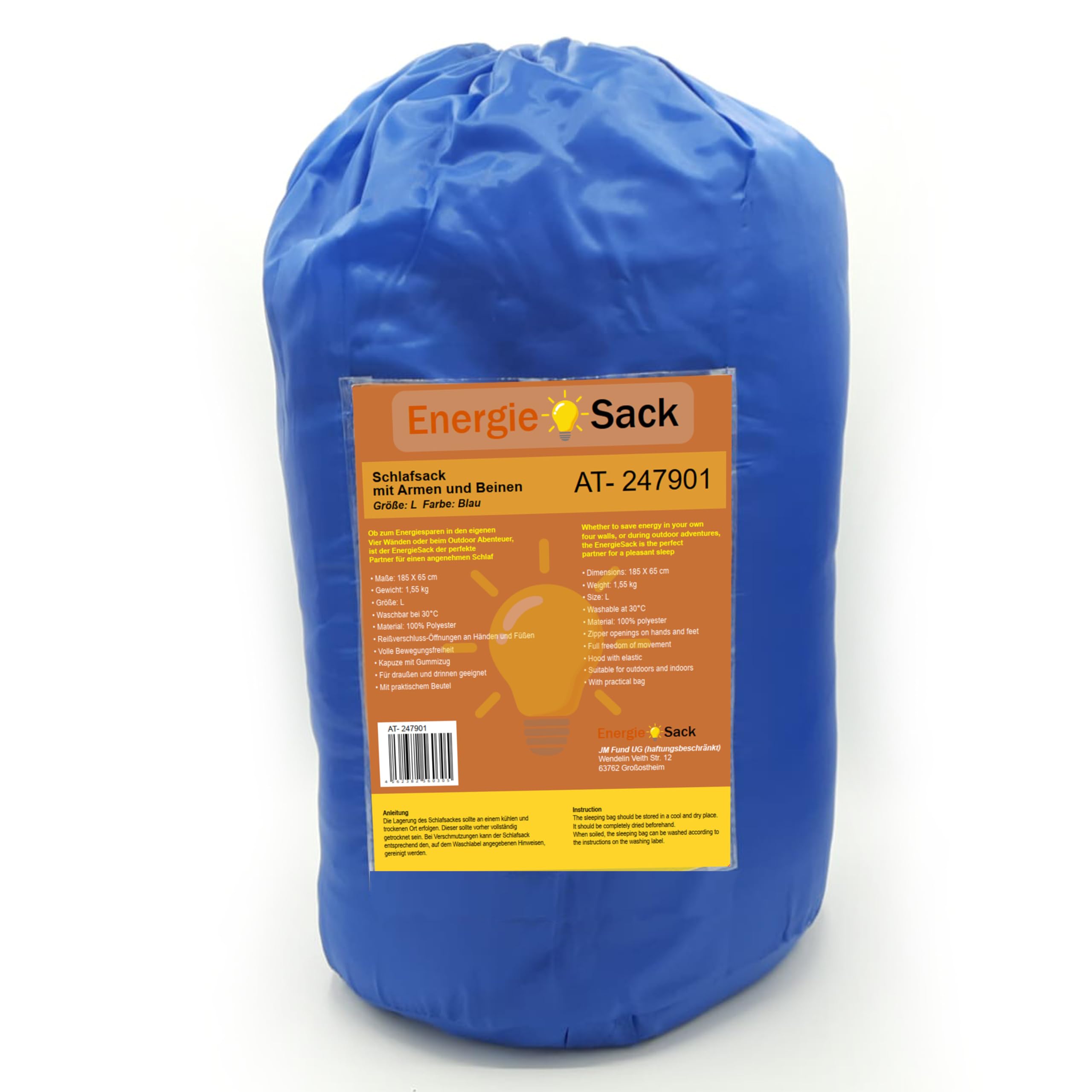EnergieSack Tragbarer Schlafsack mit Armen und Beinen, anziehbar für innen und außen, wasserabweisend für Outdoor Aktivitäten, mit Reißverschluss für Hände und Füße, Camping, Prepper Sport & Freizeit