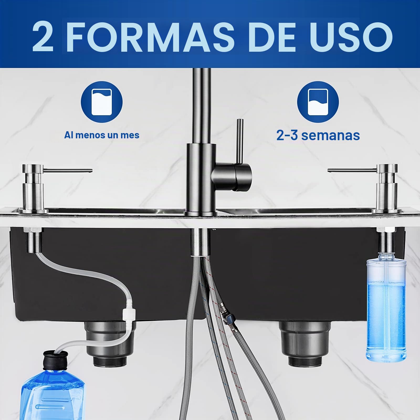CEICPA,Dispensador de jabón para Cocina, dispensador de jabón para Fregadero con Botella de 500 ml y Manguera de extensión de 1.2 m, Bomba giratoria de 360°, Cepillado