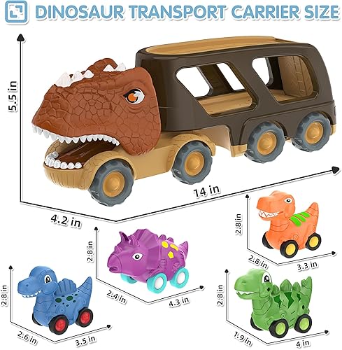 Miniatura 9 de Juguetes de dinosaurio para niños de 3 a 5 años, camión transportador de dinosaurios con 4 unidades de autos pequeños de dinosaurio de tracción