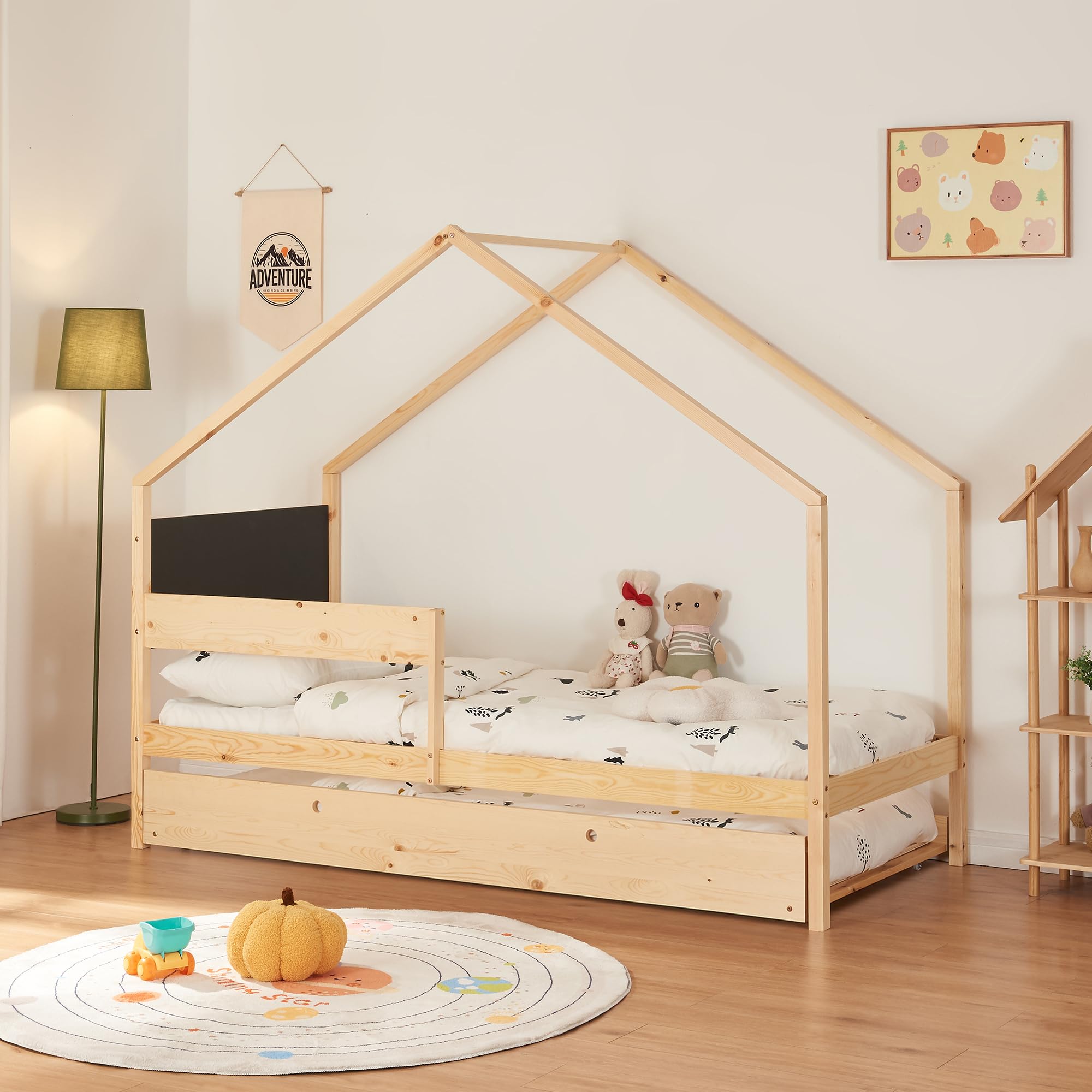 [en.casa] Letto Casetta Doppio Posto per Cameretta Bambini con Secondo Letto Estraibile Posti Letto a 90 x 200 cm Struttura in Legno di Pino Naturale