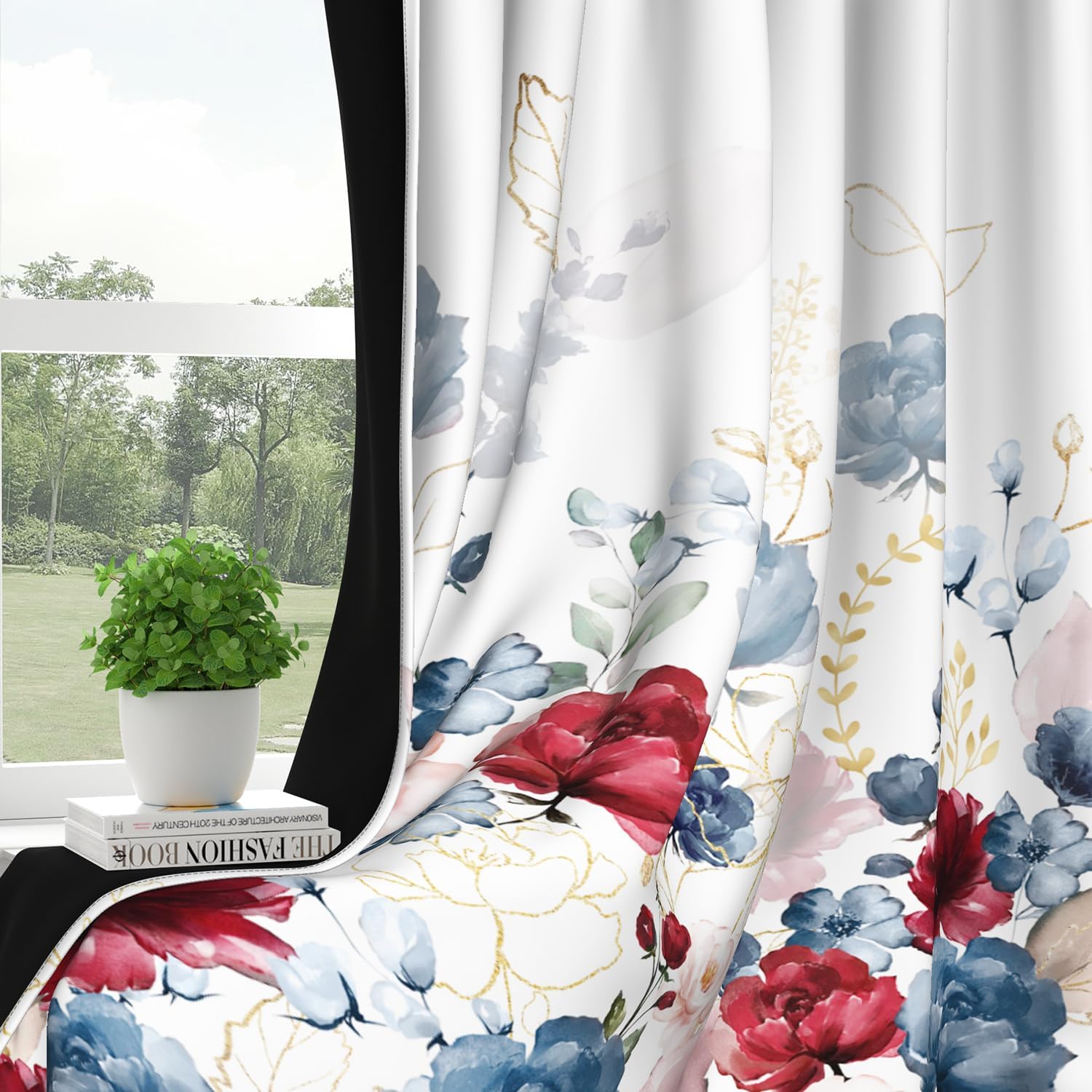 DASHAN Watercolor Floral Blackout Curtains for Bedroom 84 inch Length 2 Panels Set Blue Red Flowers Room Darkening Curtains for Living Room Thermal Insulated Curtains Grommet Window Drapes 52Wx84L