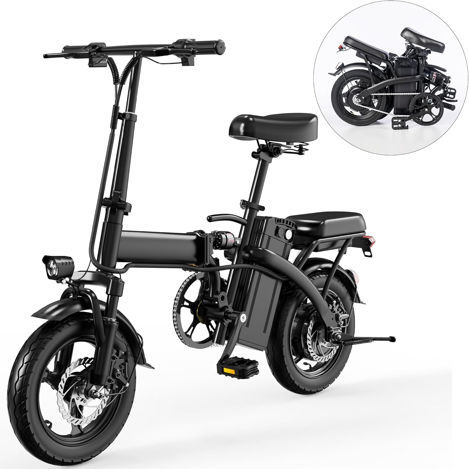 14-inch Folding Electric Bicycle, 330 Pound Load-bearing Capacity, 19 Mph, 18-28mile Range, 48V Lithium Battery, Front Headlight & Disc Brake, Alloy Steel Frame, City Commuting, Sturdy Structure,