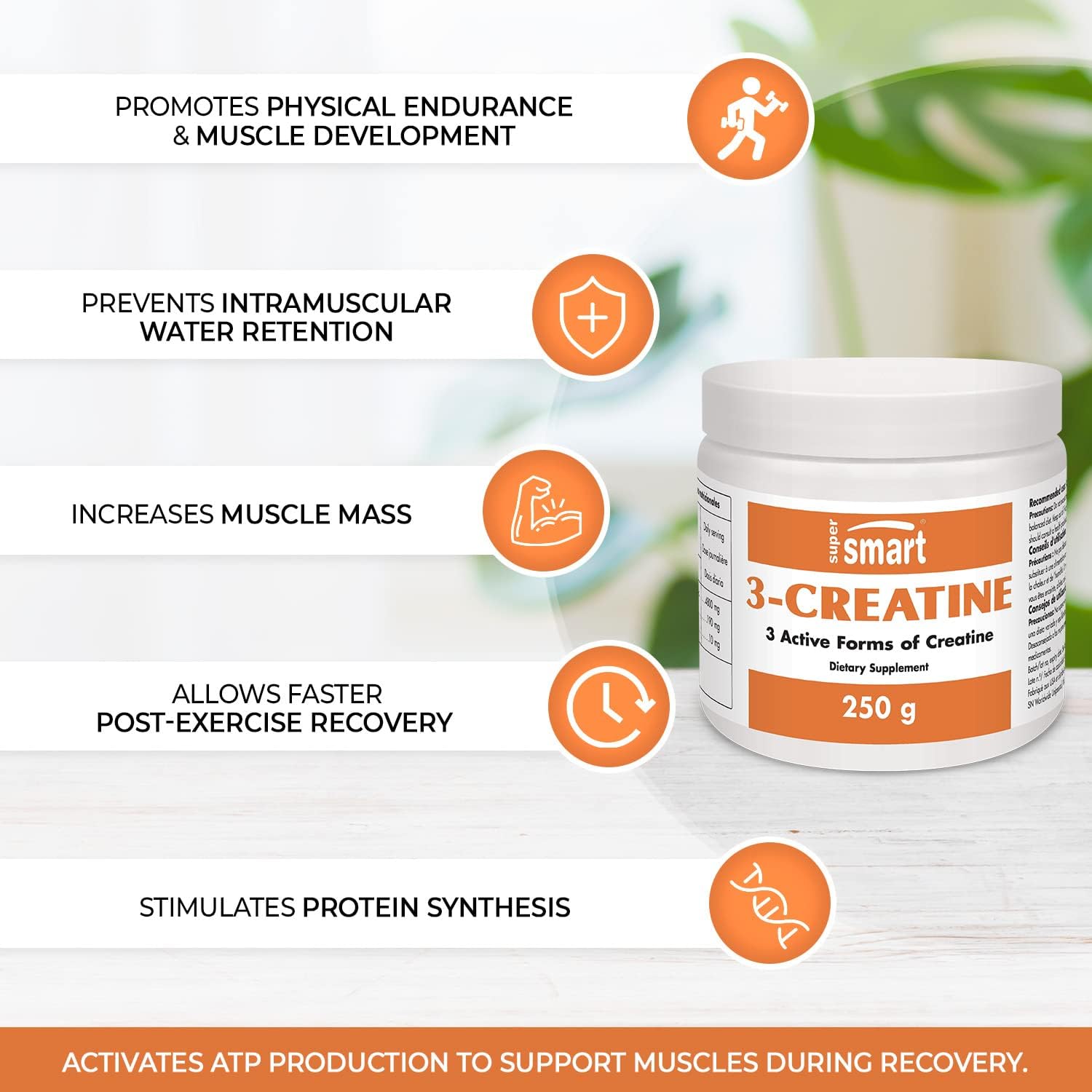 Supersmart - 3-Creatine - with Creatine Monohydrate - Physical Performance & Muscle Stimulator - Increase Faster Post-Exercise Recovery | Non-GMO & Gluten Free - 250 g