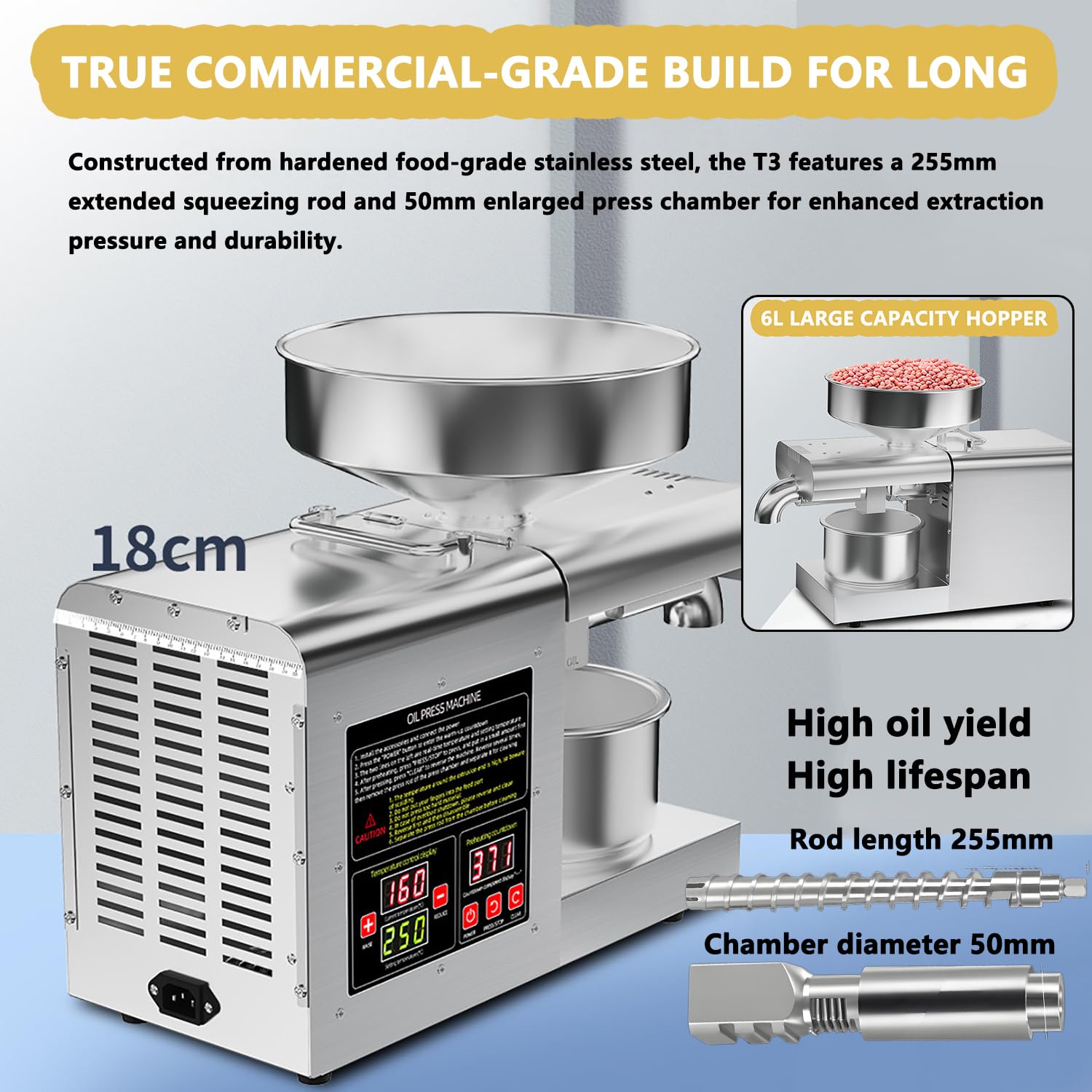 Máquina eléctrica de prensa de aceite de 1100 W - Extractor de aceite frío y caliente, acero inoxidable de grado alimenticio, tolva de 6 L, alto rendimiento de aceite, fabricante de aceite eficiente