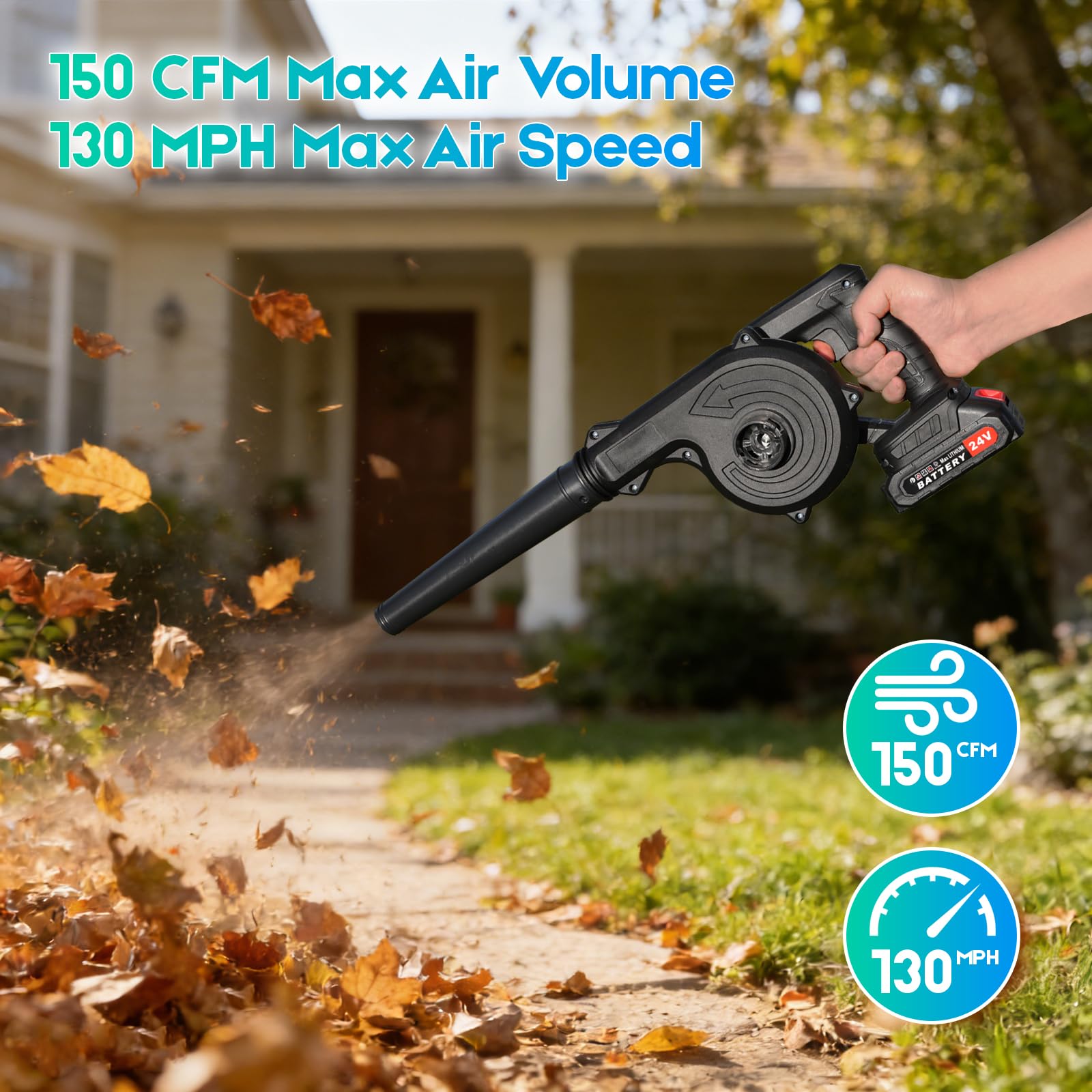 Soffiatore a Batteria Senza Fili 24V – Motore Brushless, 2 Batterie 2000mAh Incluse + Caricabatterie – Leggero e Portatile, per Giardino, Terrazza, Garage, Neve, Polvere e Peli di Animali(Nero)
