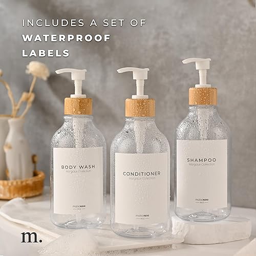 Miniatura 6 de MaisoNovo Botellas recargables de champú y acondicionador  Juego de 3 botellas de plástico transparente bombas de bambú blanco