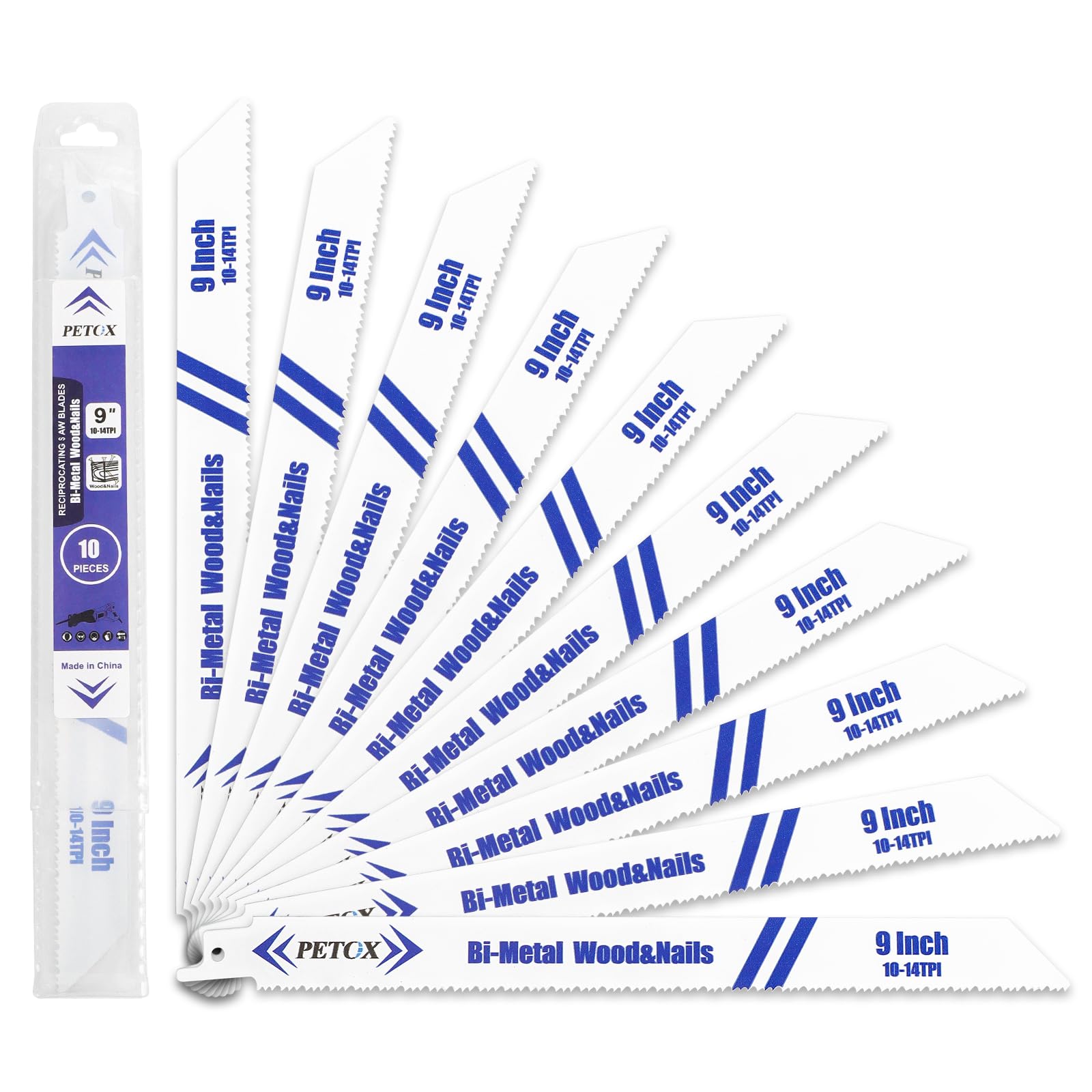 9 Inch 10-14TPI 10-Pack Reciprocating Saw Blades Set for Wood and Nail-Embedded Wood Demolition Cutting, Bi-Metal Blades Contain 8% Cobalt, fit DeWalt