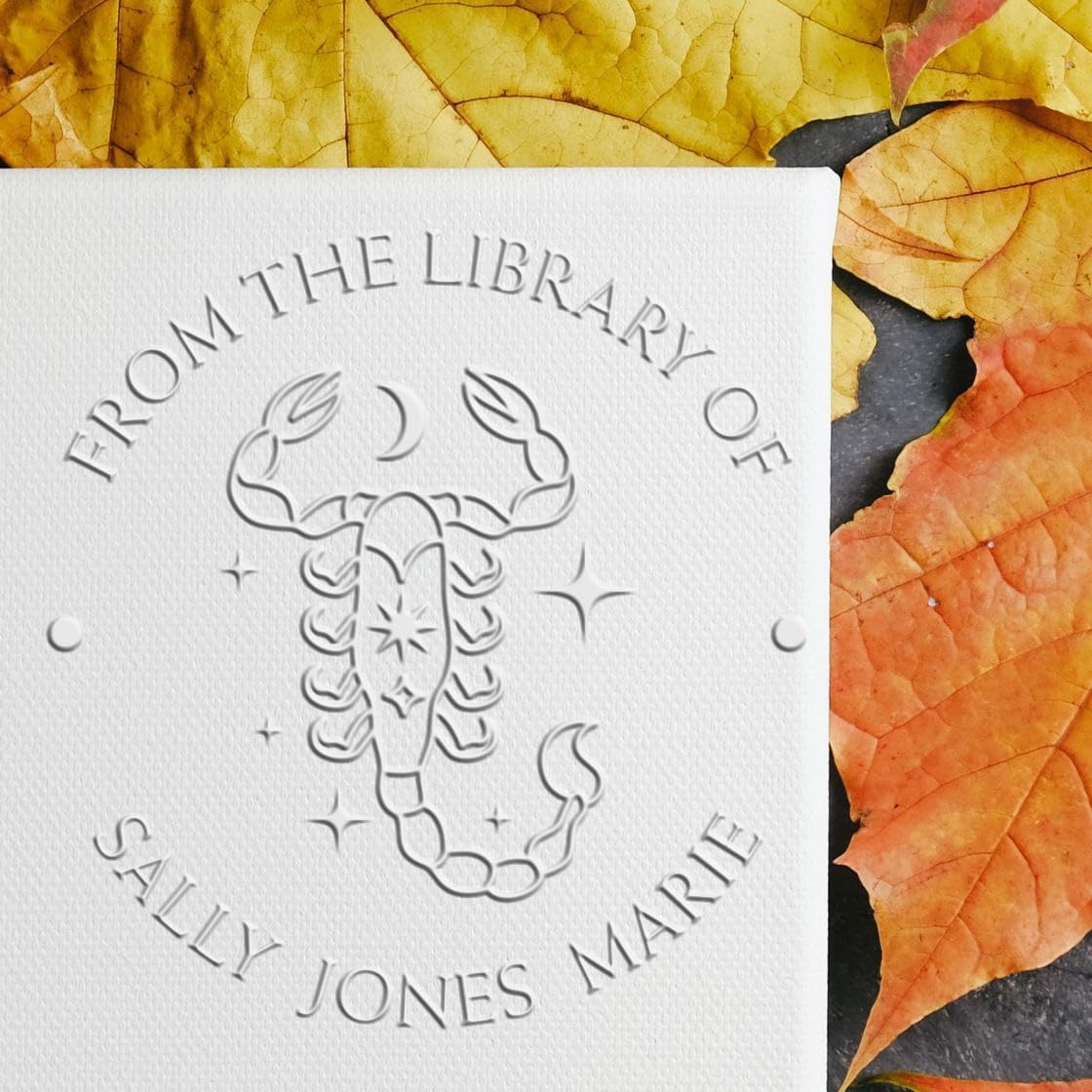 Custom Made Ownership Embosser, Soft Seal, 1-5/8 Round - Unique Zodiac Gifts for Bookworms, Bibliophile Embossing Stamp with Sun, Moon, Stars - Ideal for Scorpio Zodiac Lovers, Personalized Embosser