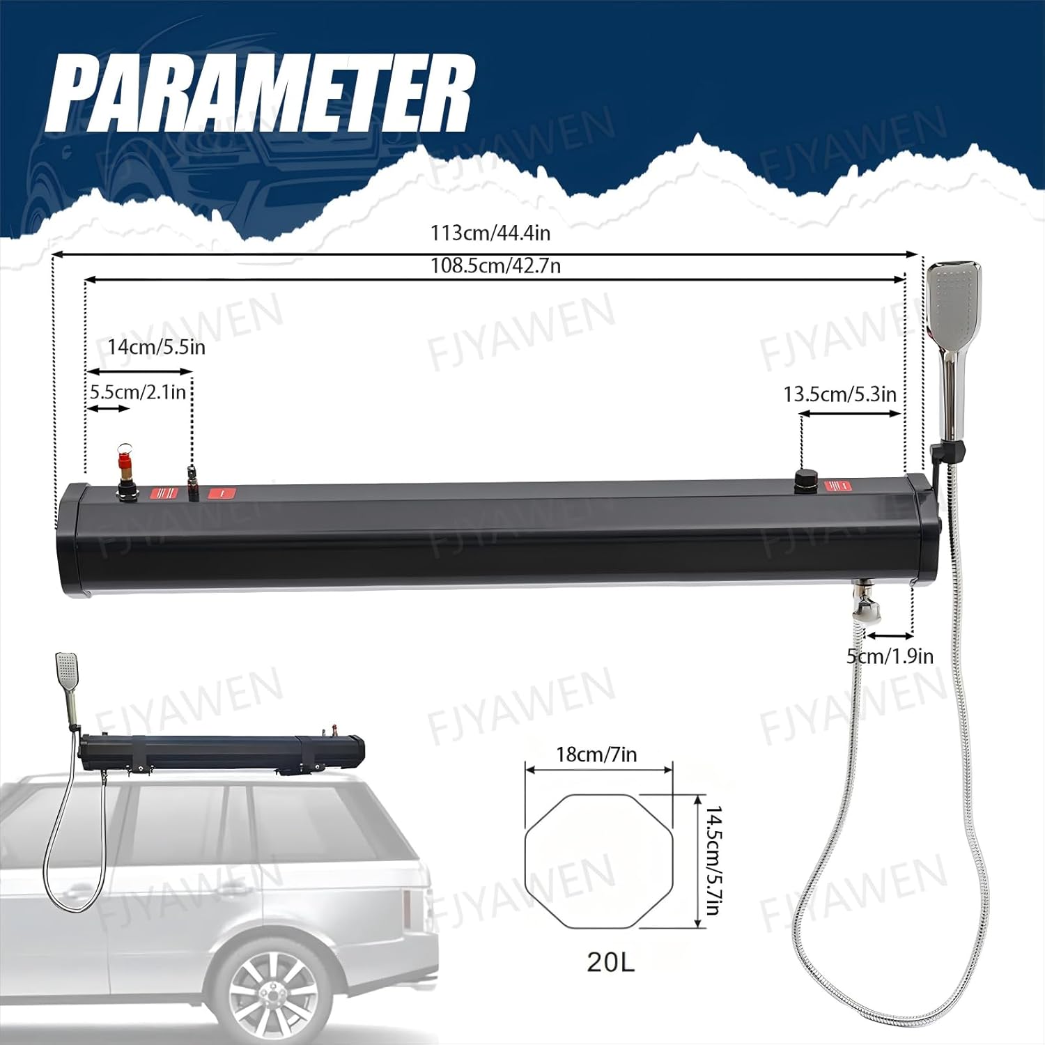 Pressurized Water Tank for Camping Shower Solar Roof Rack Shower Outdoor Roof Rack Water Tank with 4.9ft Water Hose & Shower Head for Trucks off Road Vehicles Rv Suv Water Storage 5.28gal/20L