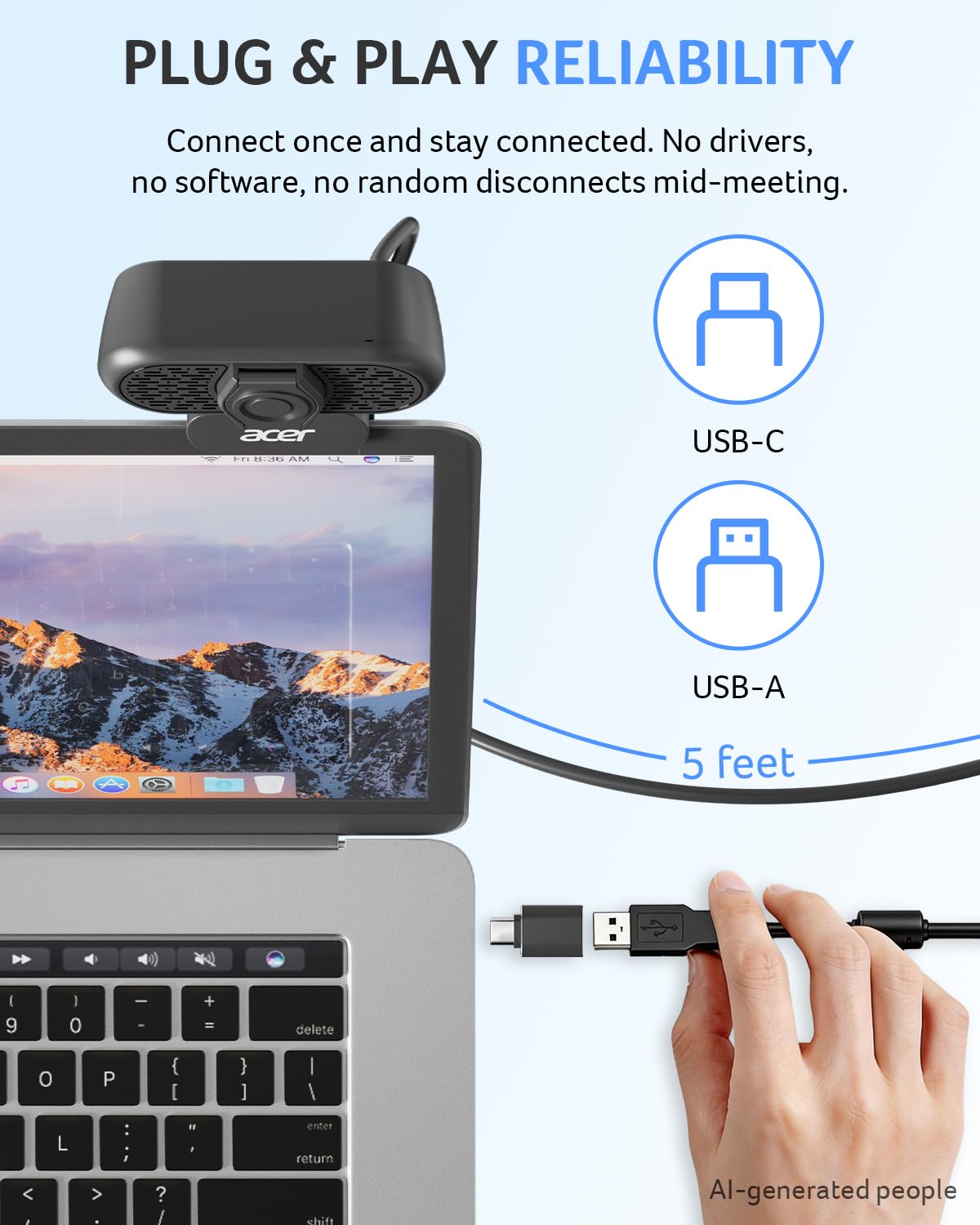 acer Webcam 1080p USB Plug and Play Webcam per PC con cancellazione del rumore Microfoni Computer Camera per desktop Streaming Gaming Riunioni online Grandangolo Privacy Cover Adattatore A-to-C Facile