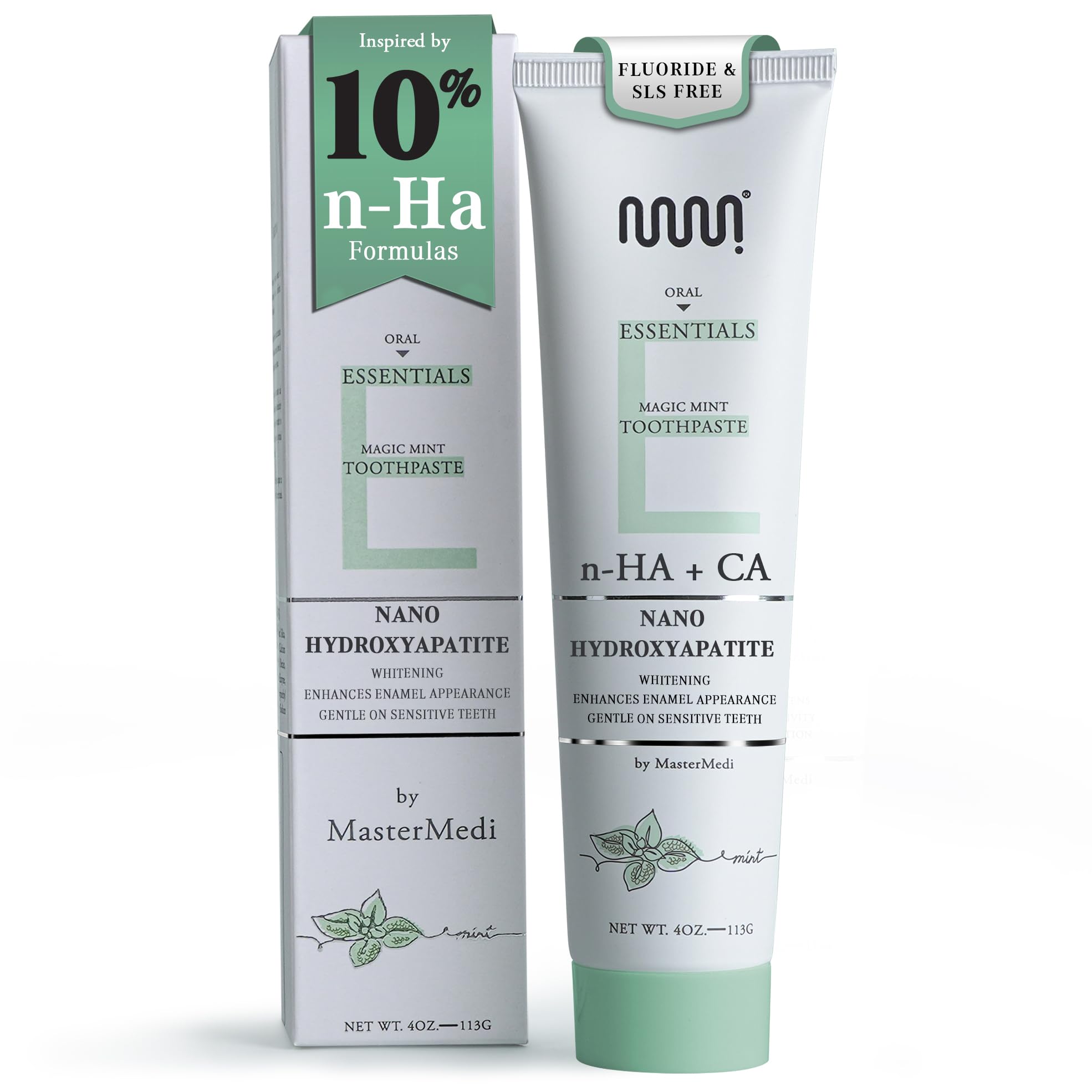MasterMedi Nano Hydroxyapatite Toothpaste (Inspired by 10% nHA Formulas), Fluoride-Free, Whitening, Sensitive Teeth Care, Enamel Support, SLS Free, Xylitol, Magic Mint, 4 Oz (Pack of 1)