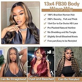 CITY GIRL 1B/30 Highlight Ombre Lace Front Wigs Body Wave Human Hair 13x4 Lace Frontal Black with Brown Highlight Balayage Wig Human Hair 200 Density 22 Inch