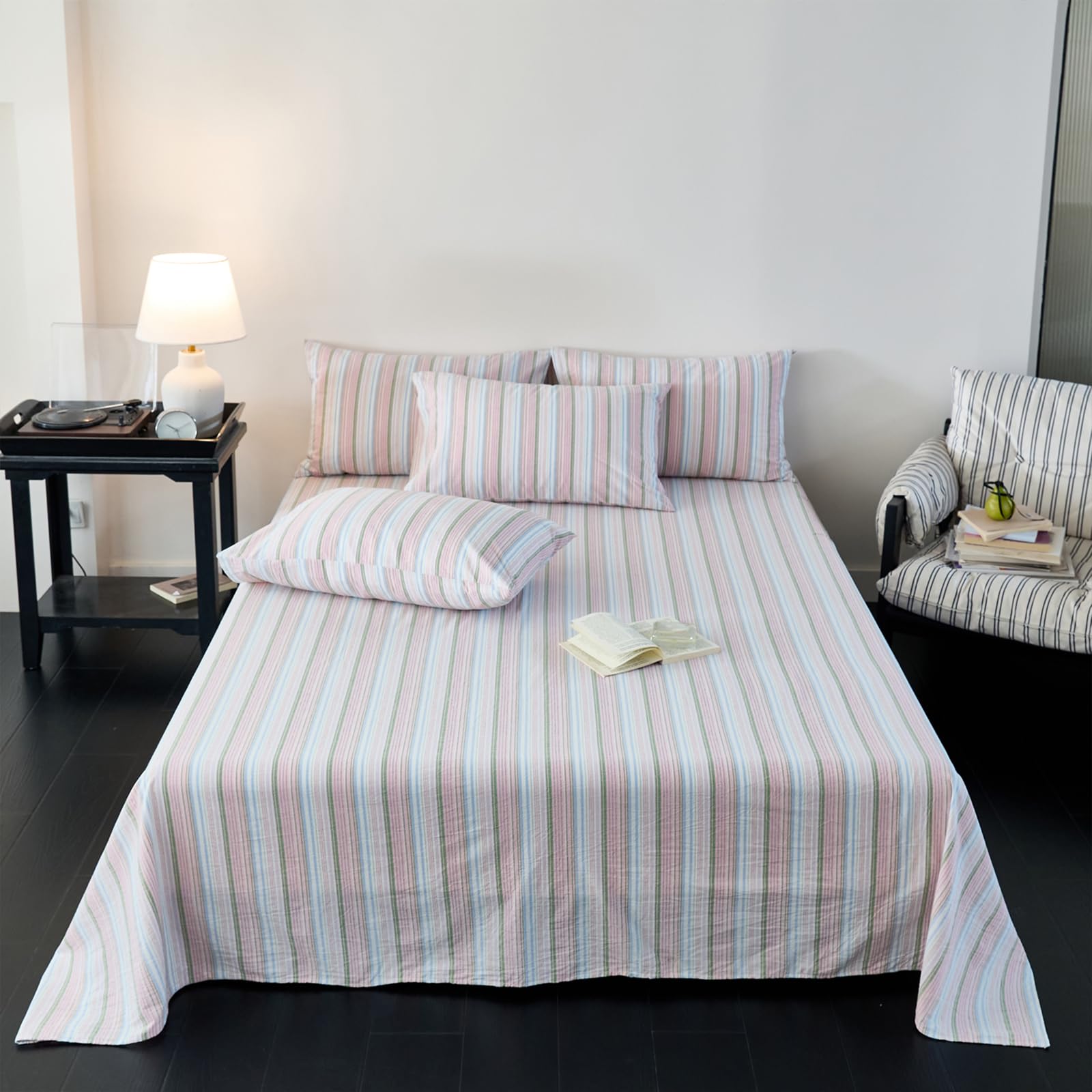 Bettlaken ohne Gummizug 245x250cm rosa gestreift | Baumwolle,Extra großes Bettlaken,Gestreift,Sommerlaken，weiches und atmungsaktives,mit 2 x Kissenbezug von 50 x 75 cm