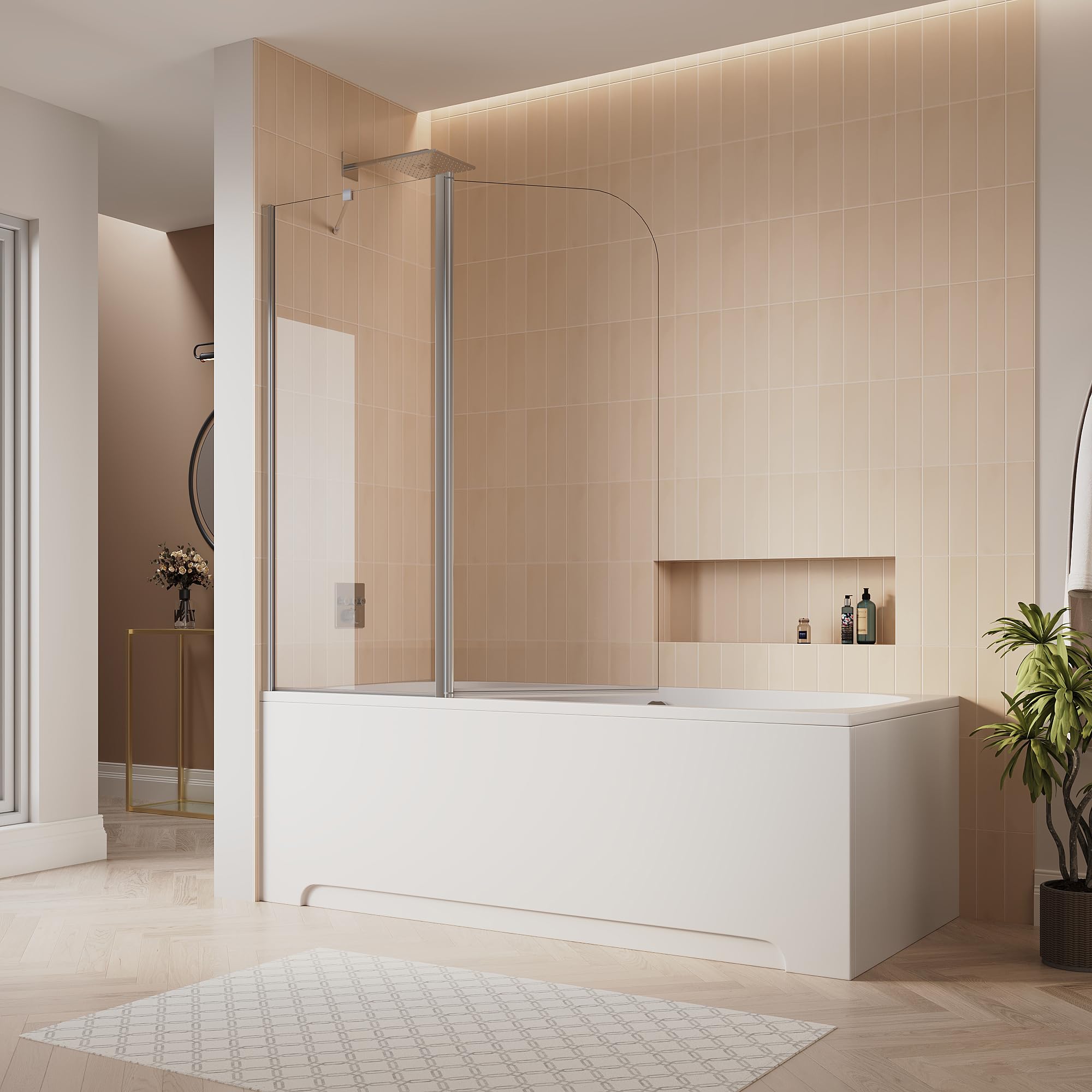 SIRHONA paroi de baignoire 120x140cm, aluminium argenté brillant, paroi de douche rabattable et orientable à 180°, montage à droite ou à gauche, verre trempé 6mm