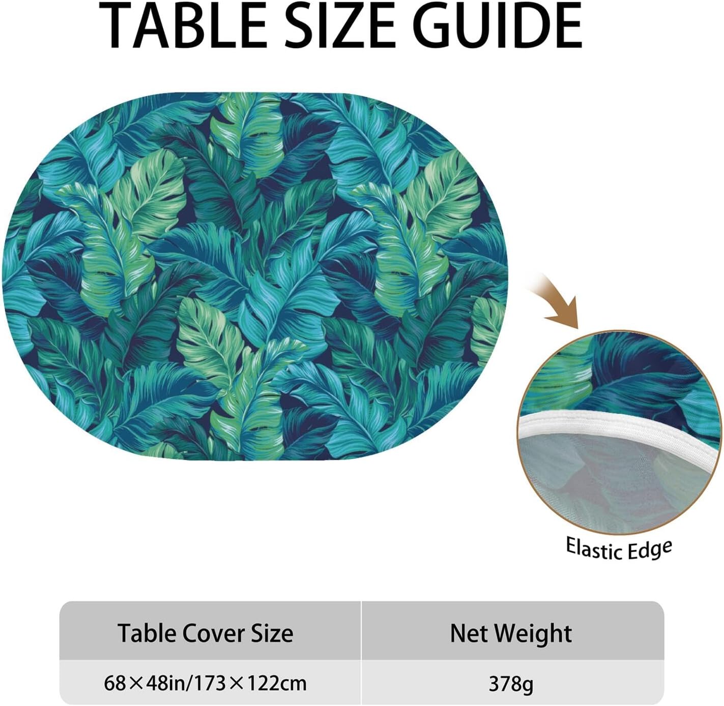 Palm Leaves 48 x 68 Inch Oval Fitted Tablecloth with Elastic Edged, Waterproof Oil Proof Wipeable Oblong Table Cover for Indoor Outdoor Patio Table, Fits Oblong Oval Tables Up To 48" W x 68" L