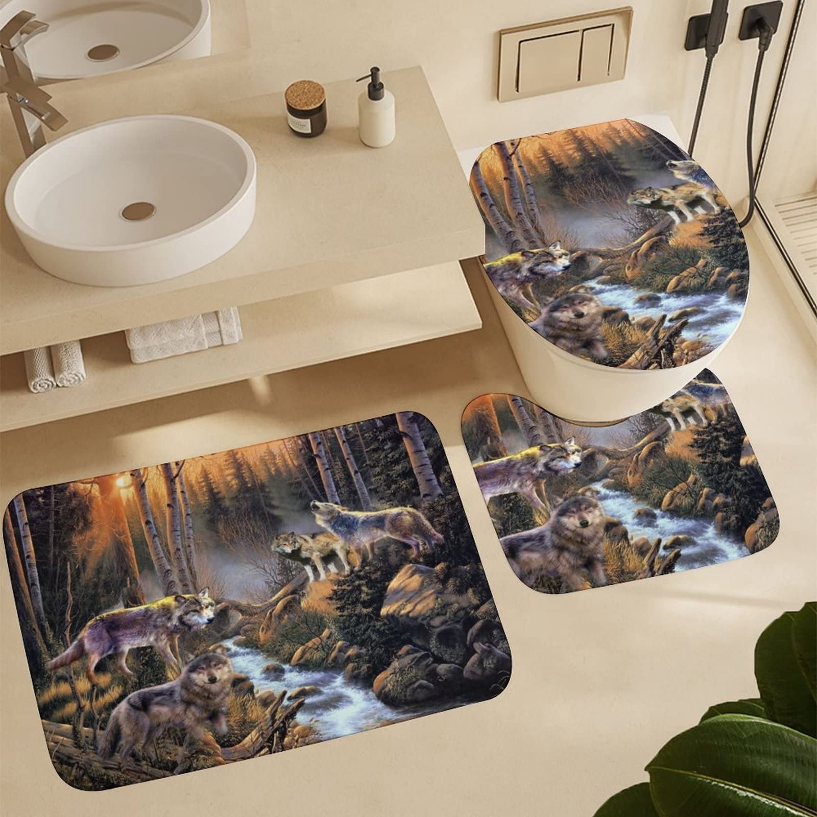 Kazynee Boys Black & White Wolf Bathroom Set - 4 Piece Shower Curtain, Rug, Mat & Toilet Cover - View #6