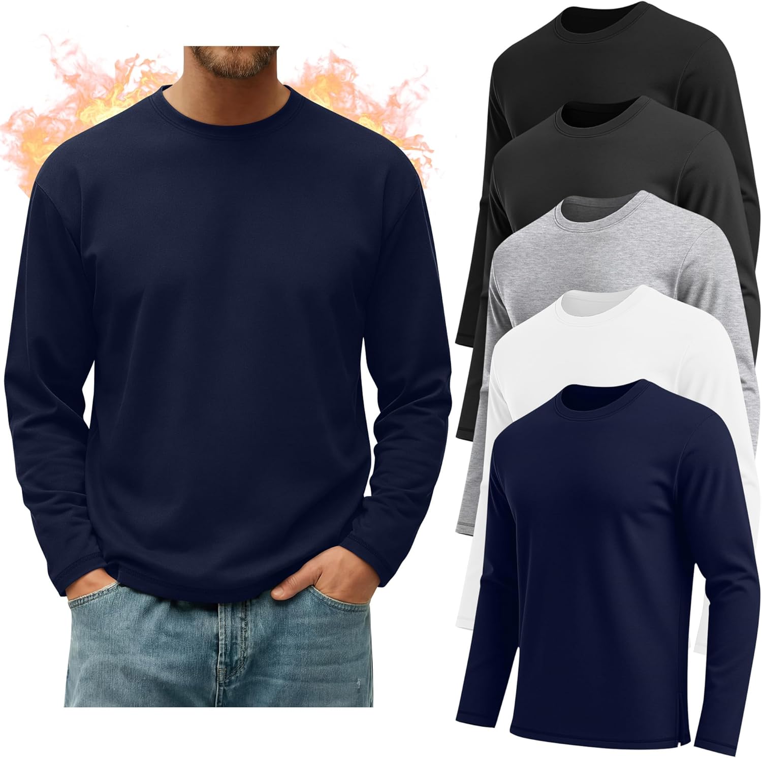 5 Pack Mens Big and Tall Fleece Thermal Shirts, Long Sleeve Crewneck Top Side Split Loose Multipack Basic Layer Tee