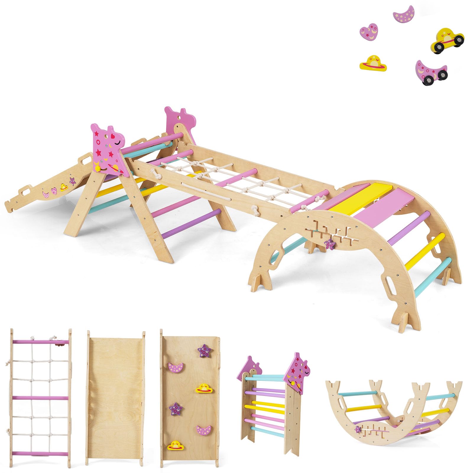 RELAX4LIFE Set da Arrampicata per Bambini, Triangolo di Arrampicata con Scivolo e Arco, Gioco di Incastri in Legno, Gioco Montessori per Bambini 1+ Anni (Unicorno-4 Pezzi | Macaron)