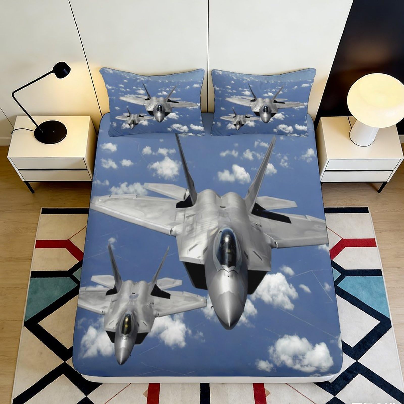 Pnayamiorkfel Style-9 3D Printed Fighter Jet Sky Fitted Sheet Microfiber Soft Bed Cover Cloud Aircraft Mattress Cover Bedroom Decor 90X200x25cm