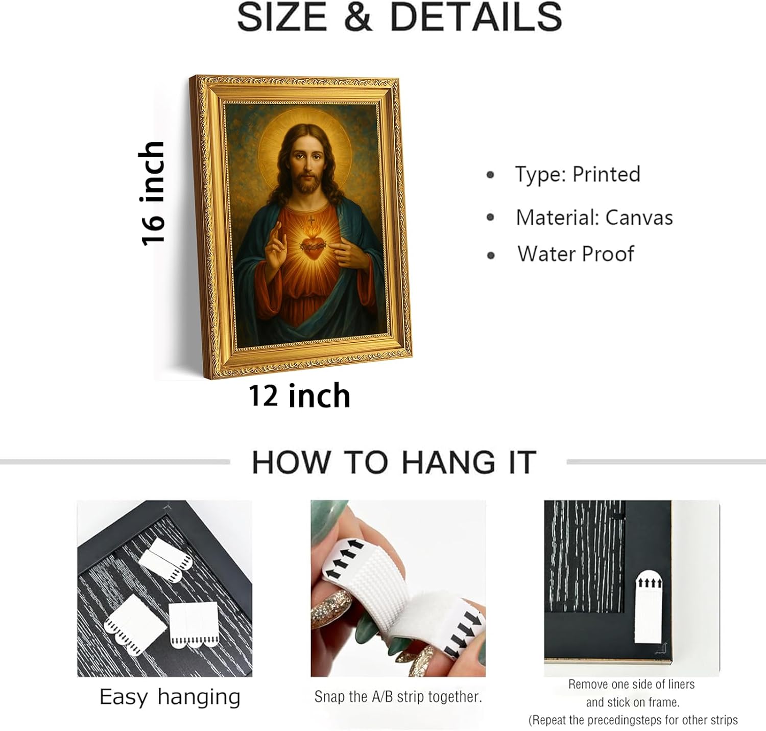 Vintage Gold Framed Wall Art Sacred Heart of Jesus Wall Decor Christ Jesus Portrait Poster Print Divine Mercy Pictures Canvas Religious Artwork for Living Room Bedroom Prayer Room Church 12x16 inch