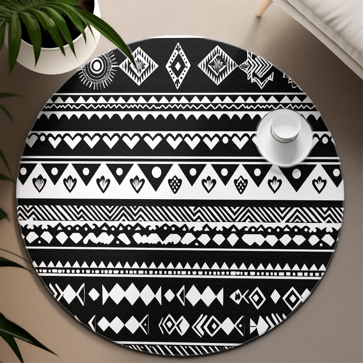 Dywan Tribal Round Area 180 cm (okrągły), intensywny, geometryczny, czarno-biały, antypoślizgowy, płaski dywan z wzorem diamentowym i cienki, nadający się do prania, do biura w salonie