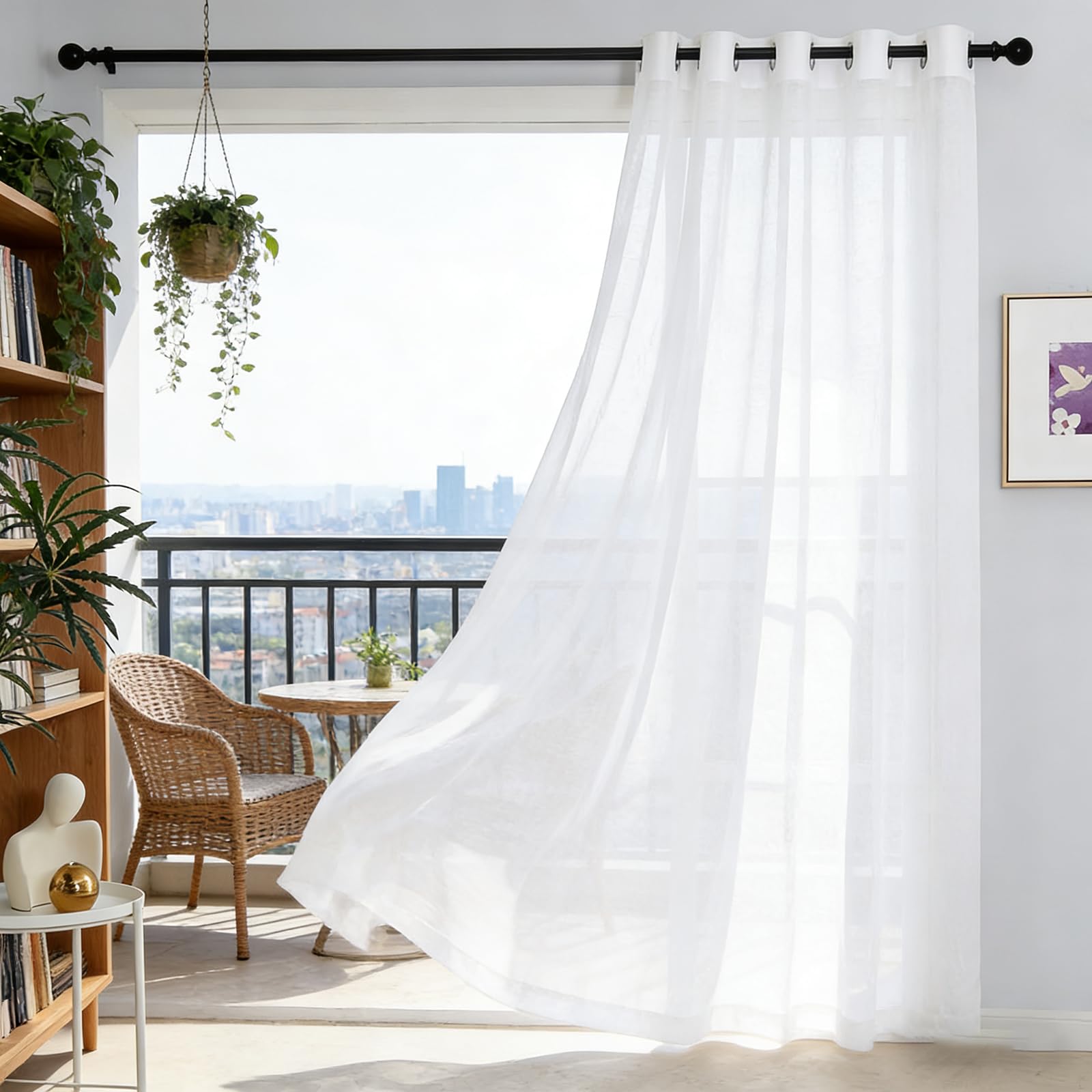 Rideaux voilages blancs effet lin 110 x 220 cm pour salon moderne