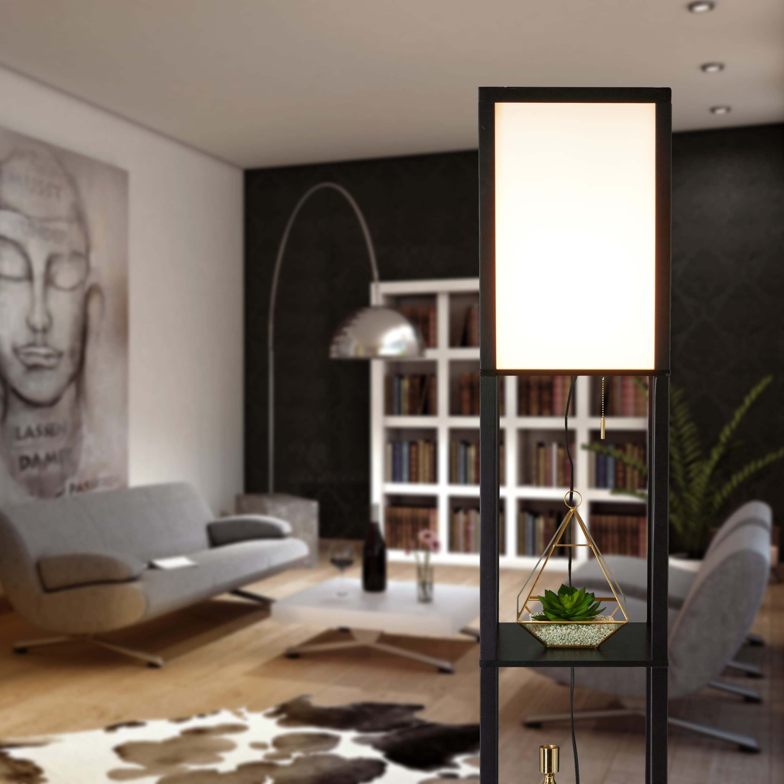 Relaxdays Lámpara de Pie con Baldas, 3 Estantes, 161x26x26 cm, Casquillo E27, Madera y Acrílico, Diseño Moderno, Negro