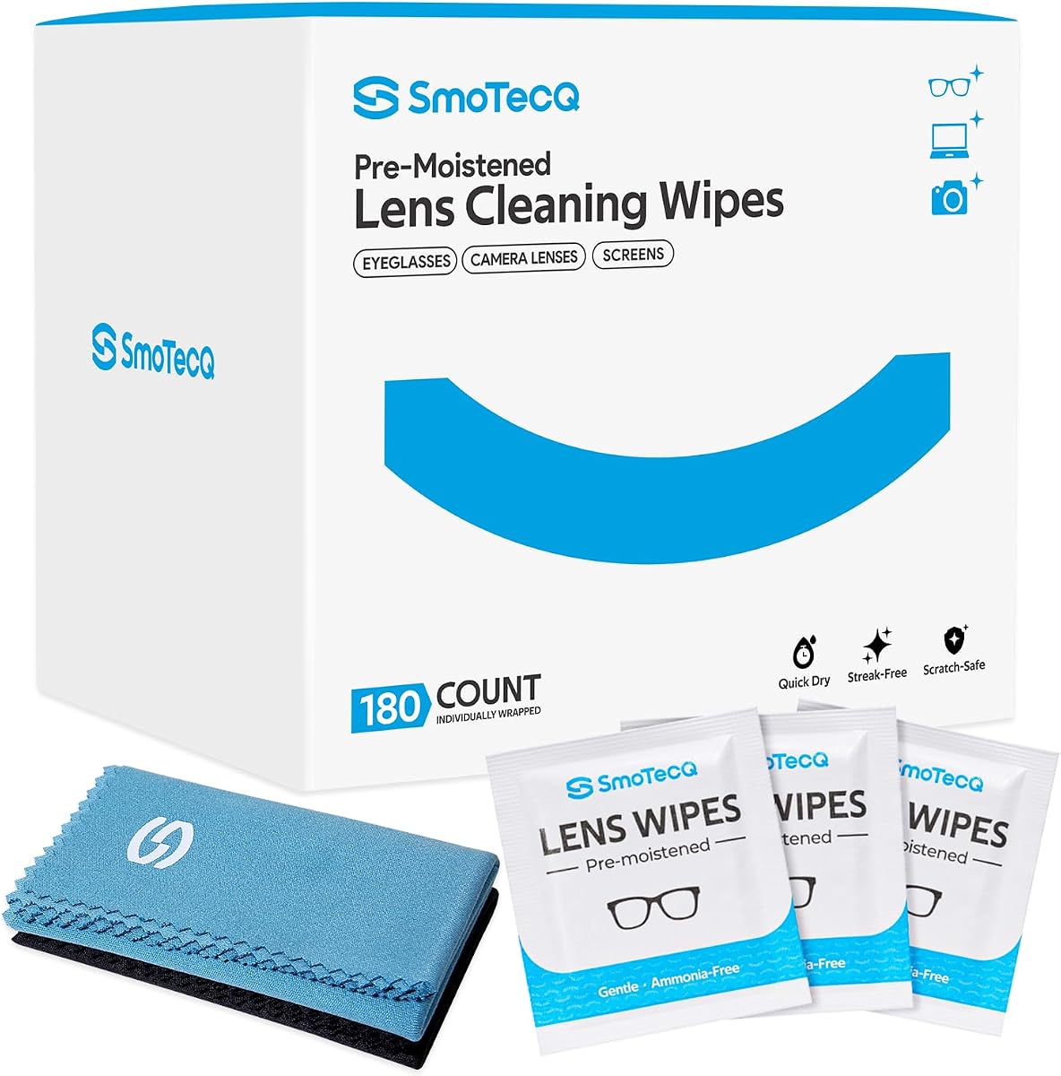 Lens Wipes for Glasses, 180 Individually Wrapped Eyeglass Cleaning Wipes with 2 Microfiber Cloths for a Streak-Free Finish, Safe for Coated Lenses, Screens & Camera Lenses
