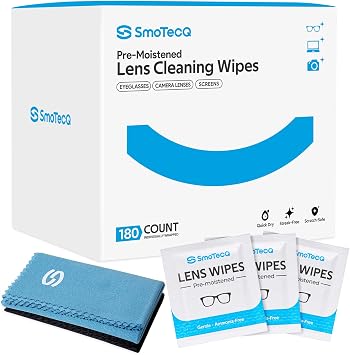 Lens Wipes for Glasses, 180 Individually Wrapped Eyeglass Cleaning Wipes with 2 Microfiber Cloths for a Streak-Free Finish, Safe for Coated Lenses, Screens & Camera Lenses