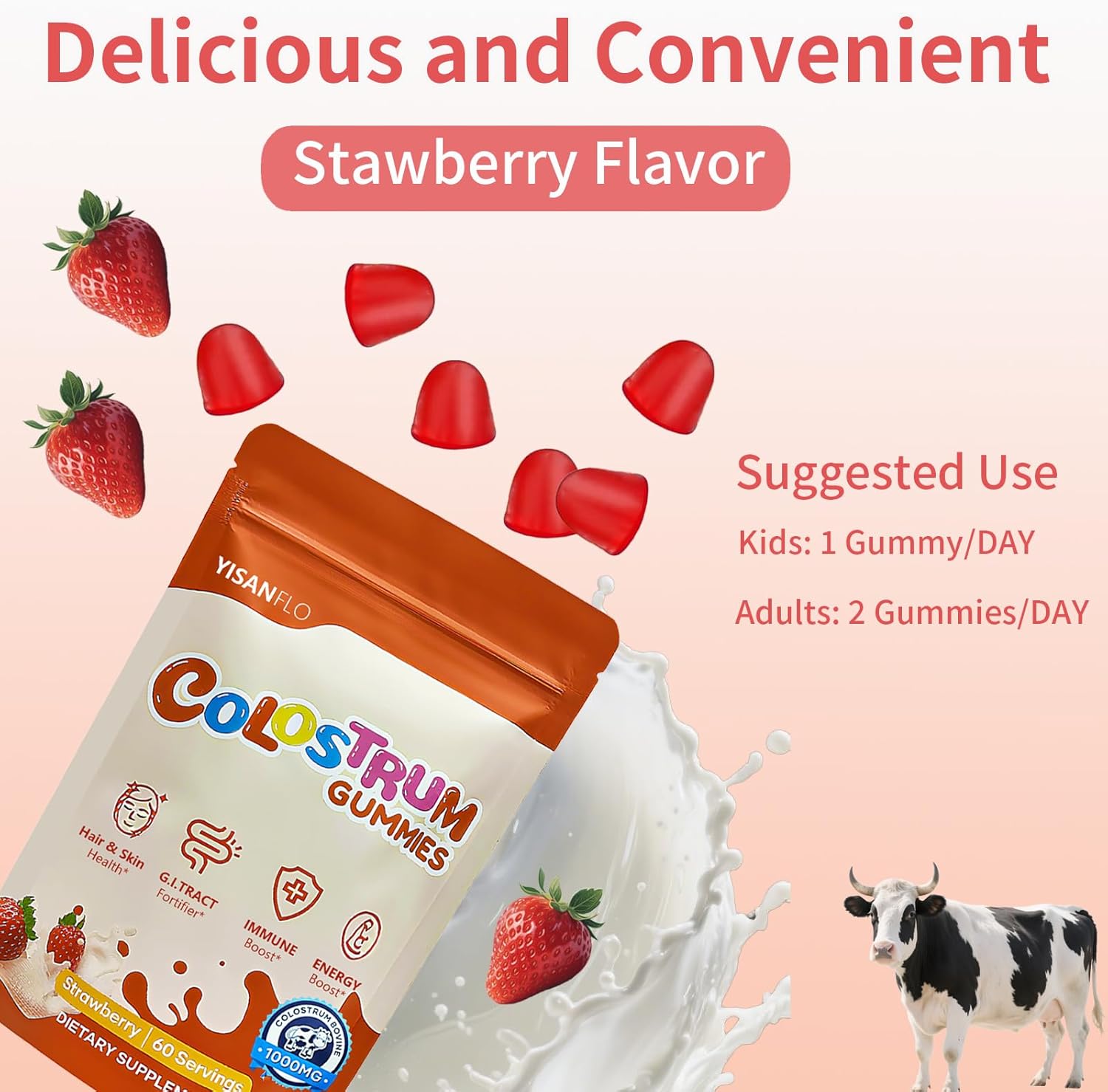 Colostrum Gummies | Delicious 1g Per Seving Grass Fed Colostrum Supplement | Colostrum Chews for Gut Health, Immunity, Hair, Skin and Beauty | 60 Bovine Colostrum Gummies, Strawberry Flavor - Image 3